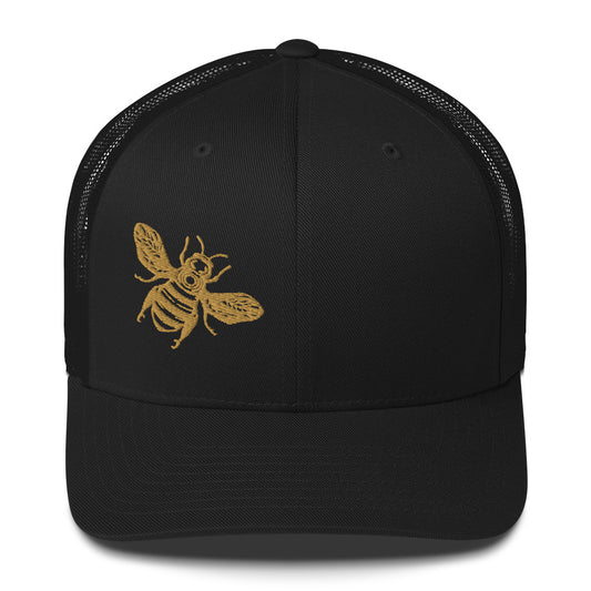 Old gold Honey Bee embroidered six-panel trucker cap with a mesh back. Black, Three In The Trees
