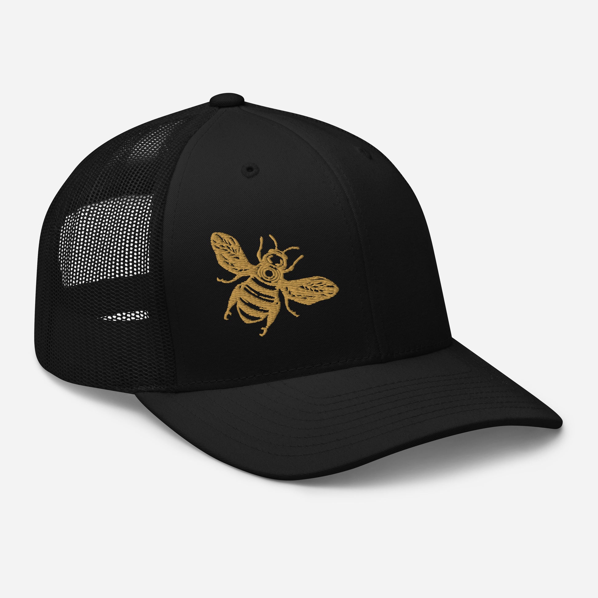 Old gold Honey Bee embroidered six-panel trucker cap with a mesh back. Black, Three In The Trees