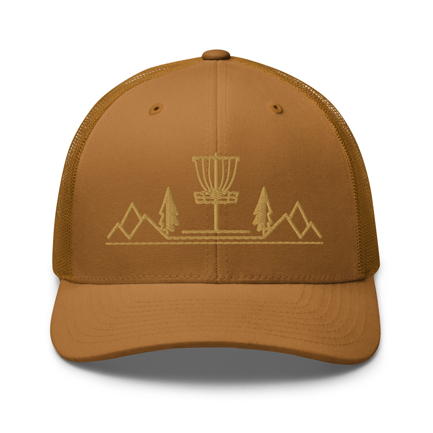 Disc Golf trucker hat, Three in the Trees, caramel, front