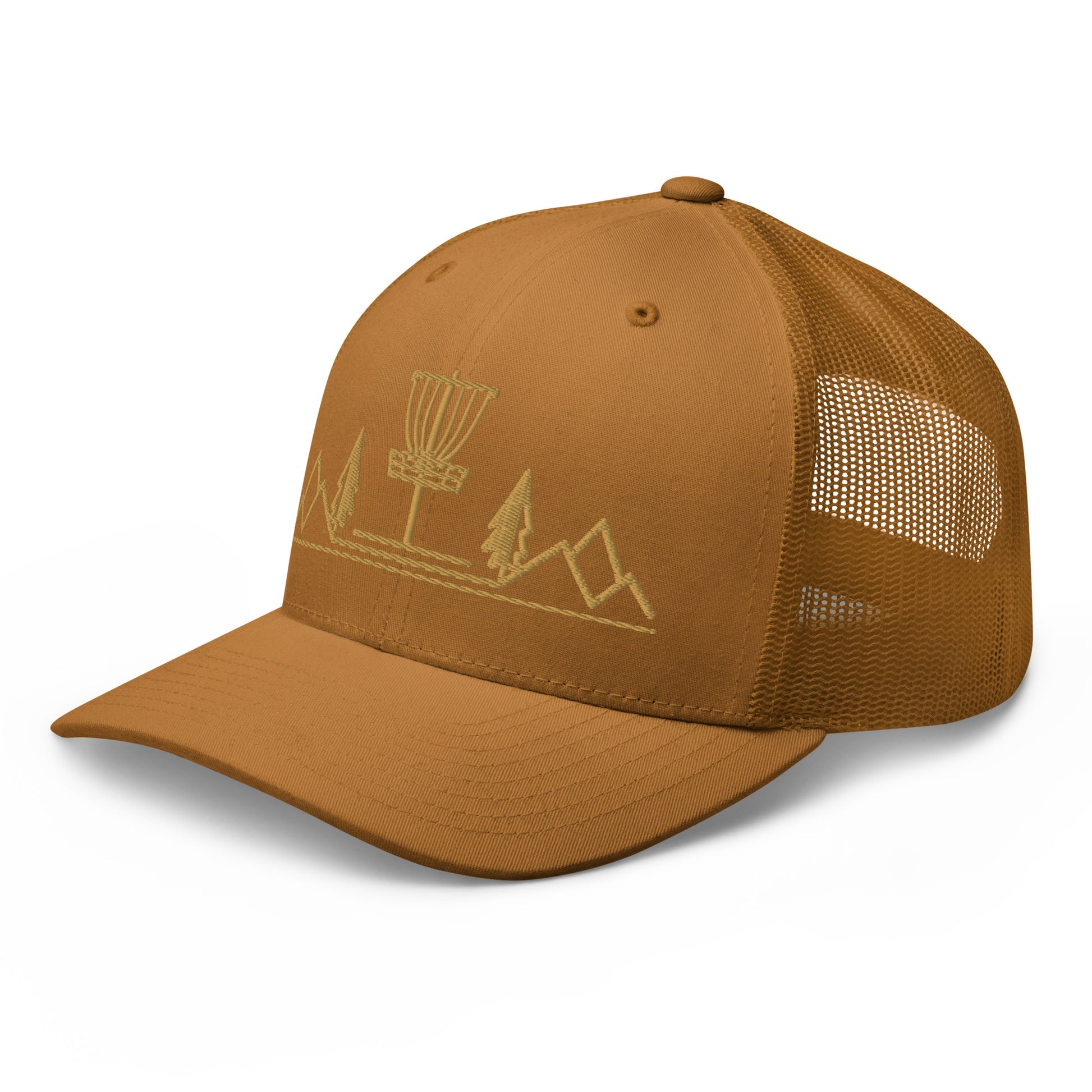 Disc Golf trucker hat, Three in the Trees, caramel, side