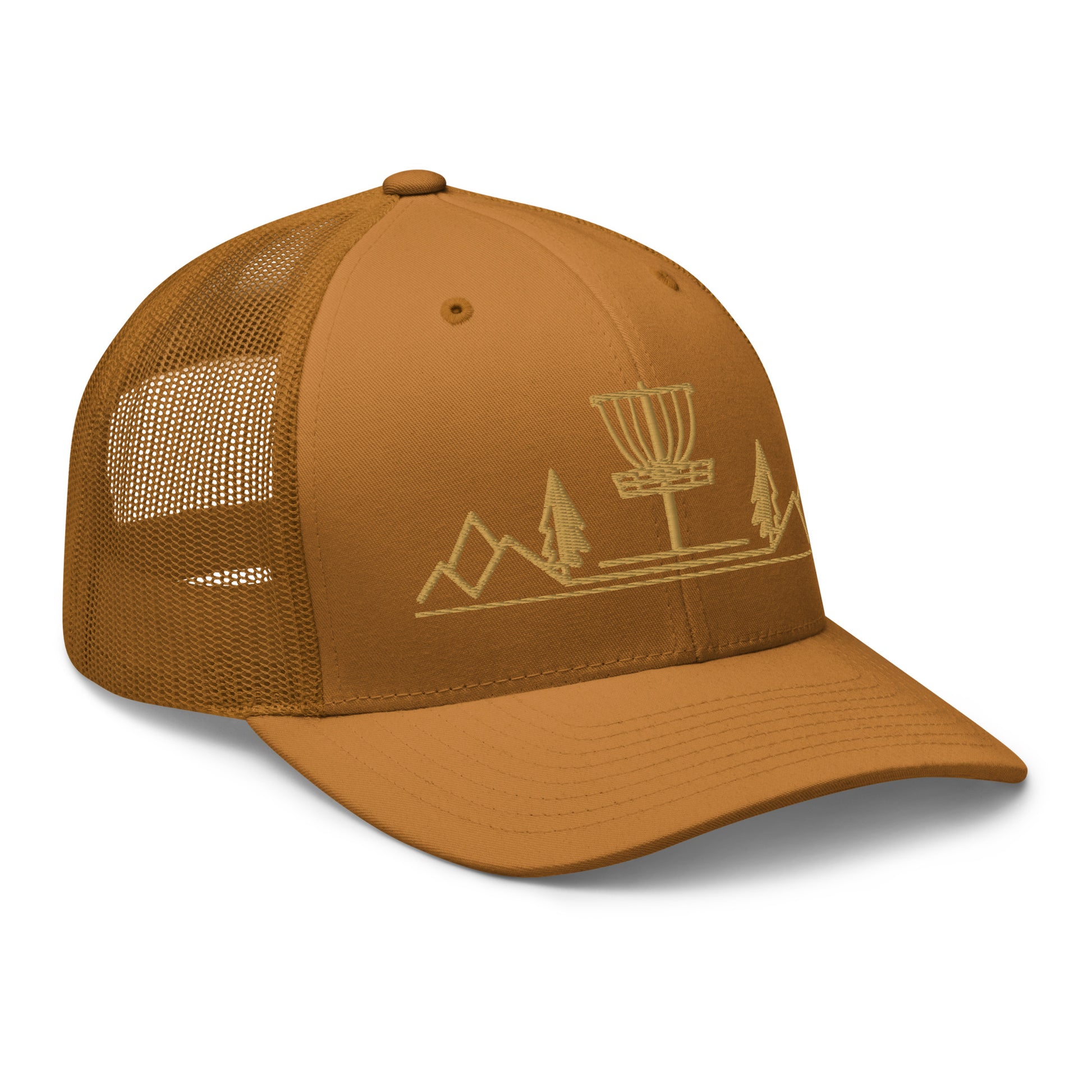 Disc Golf trucker hat, Three in the Trees, caramel, side