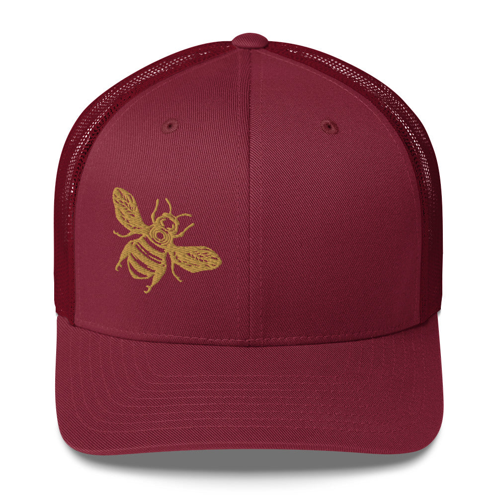 Old gold Honey Bee embroidered six-panel trucker cap with a mesh back. cranberry, Three In The Trees