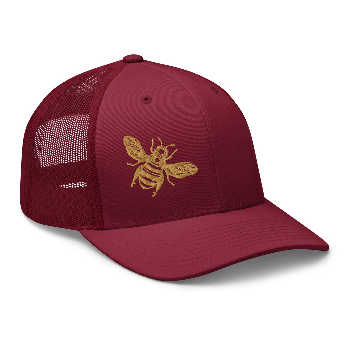 Old gold Honey Bee embroidered six-panel trucker cap with a mesh back. cranberry, Three In The Trees