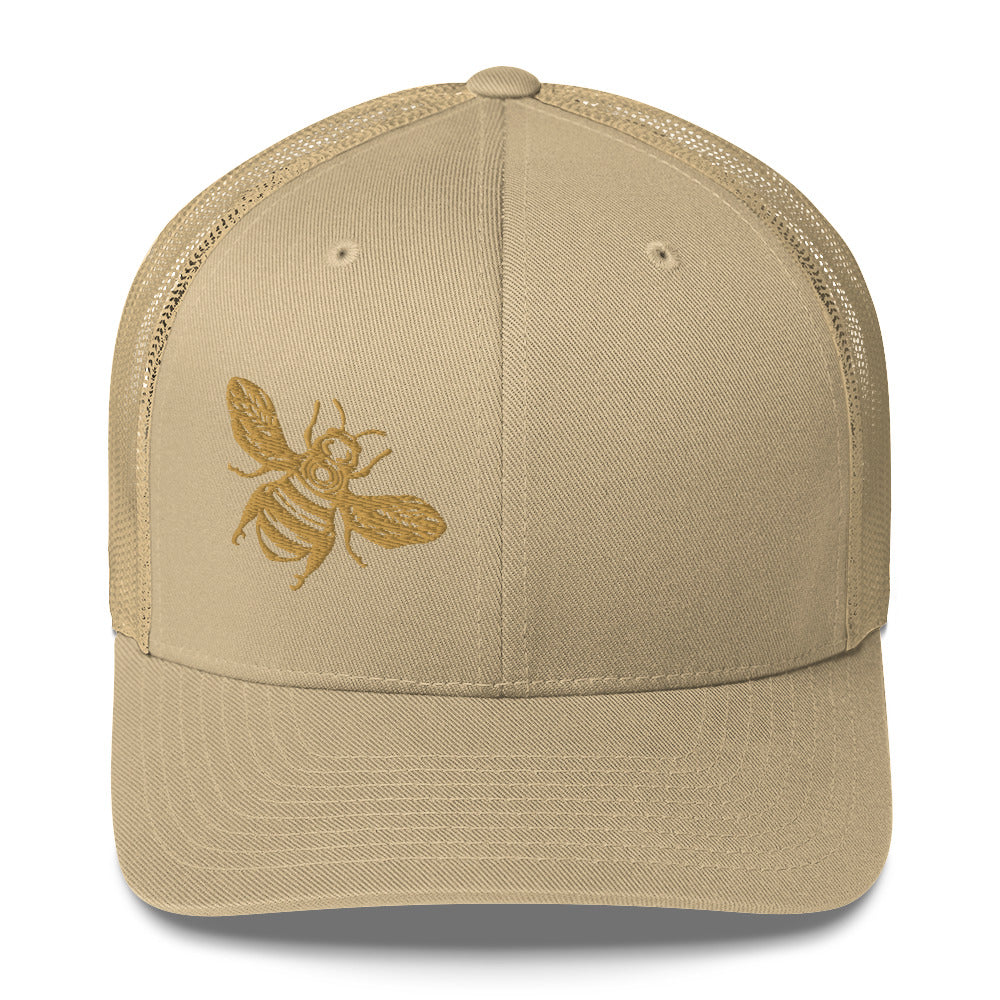 Old gold Honey Bee embroidered six-panel trucker cap with a mesh back. khaki, Three In The Trees
