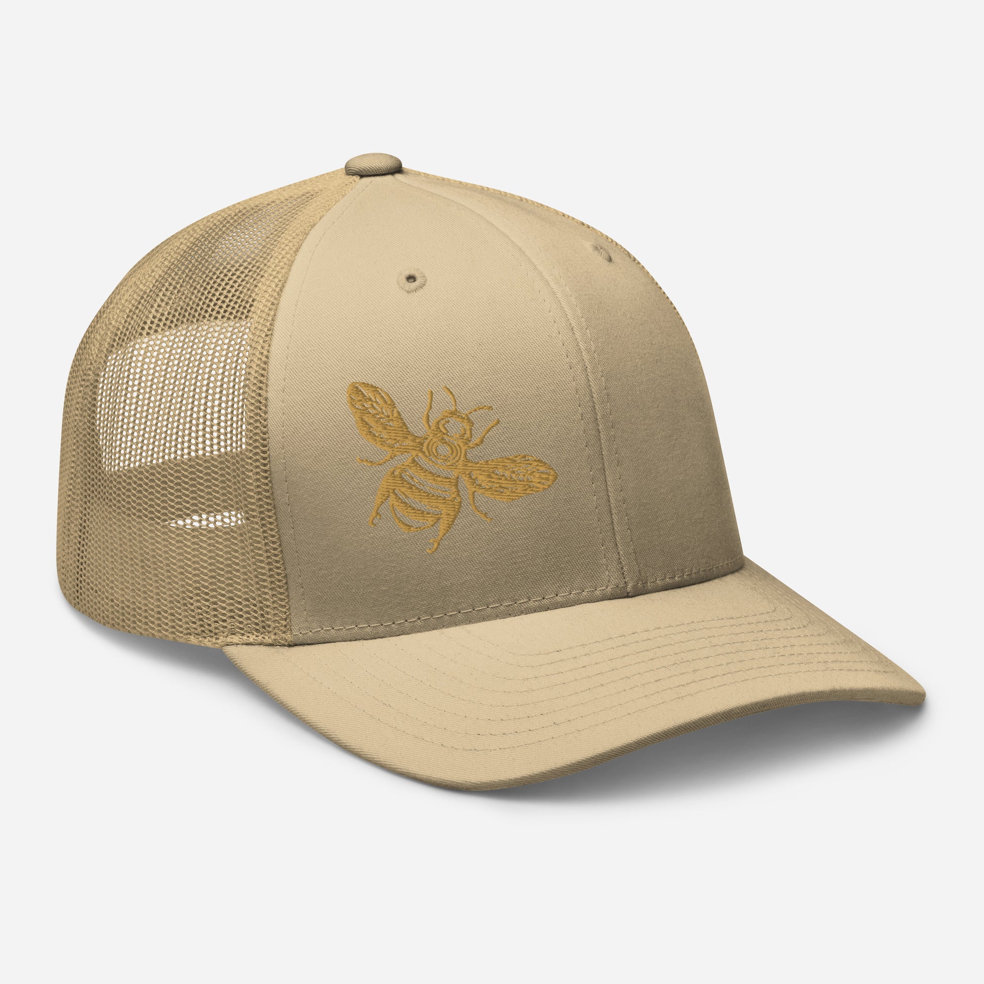 Old gold Honey Bee embroidered six-panel trucker cap with a mesh back. khaki, Three In The Trees