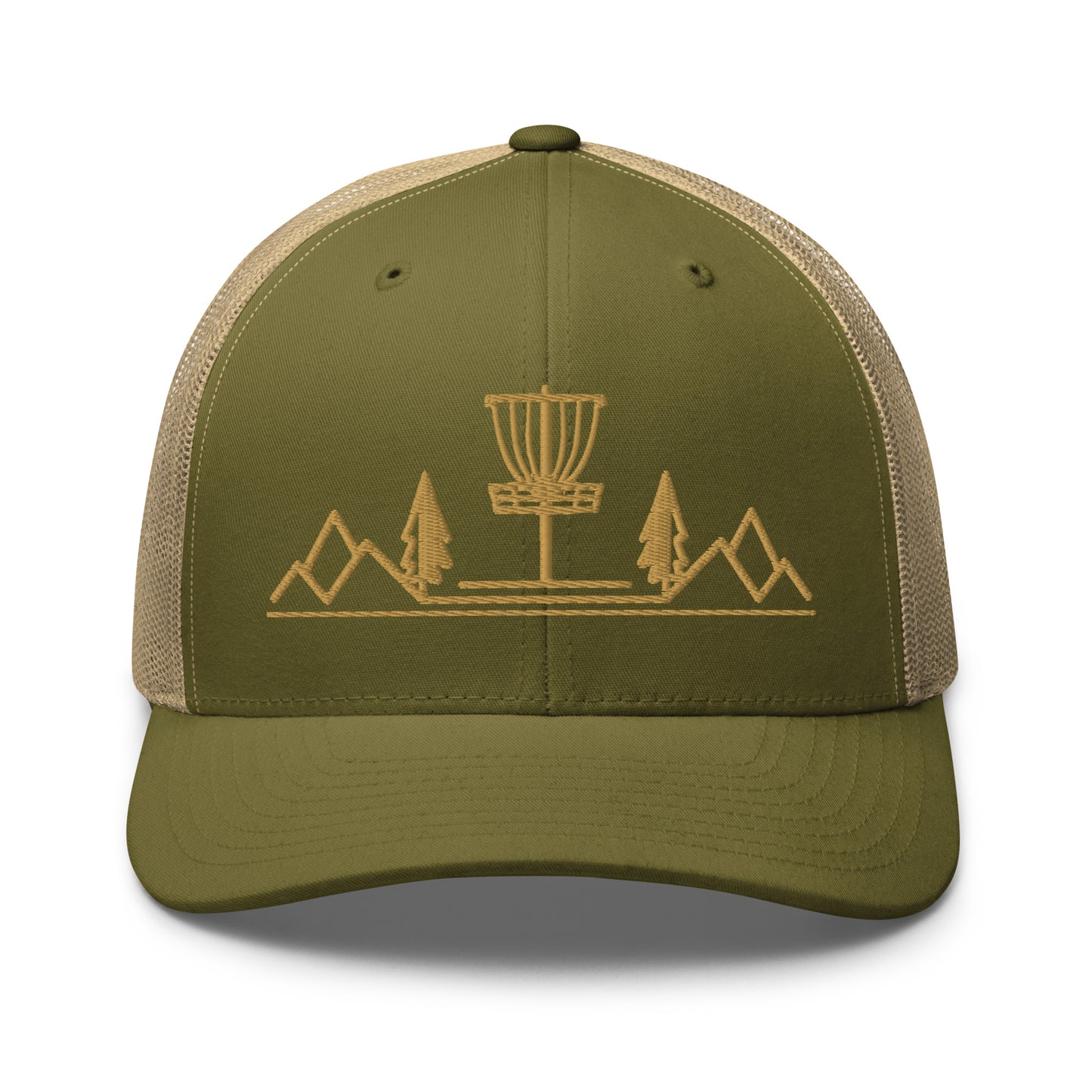 Disc Golf trucker hat, Three in the Trees, moss khaki, front