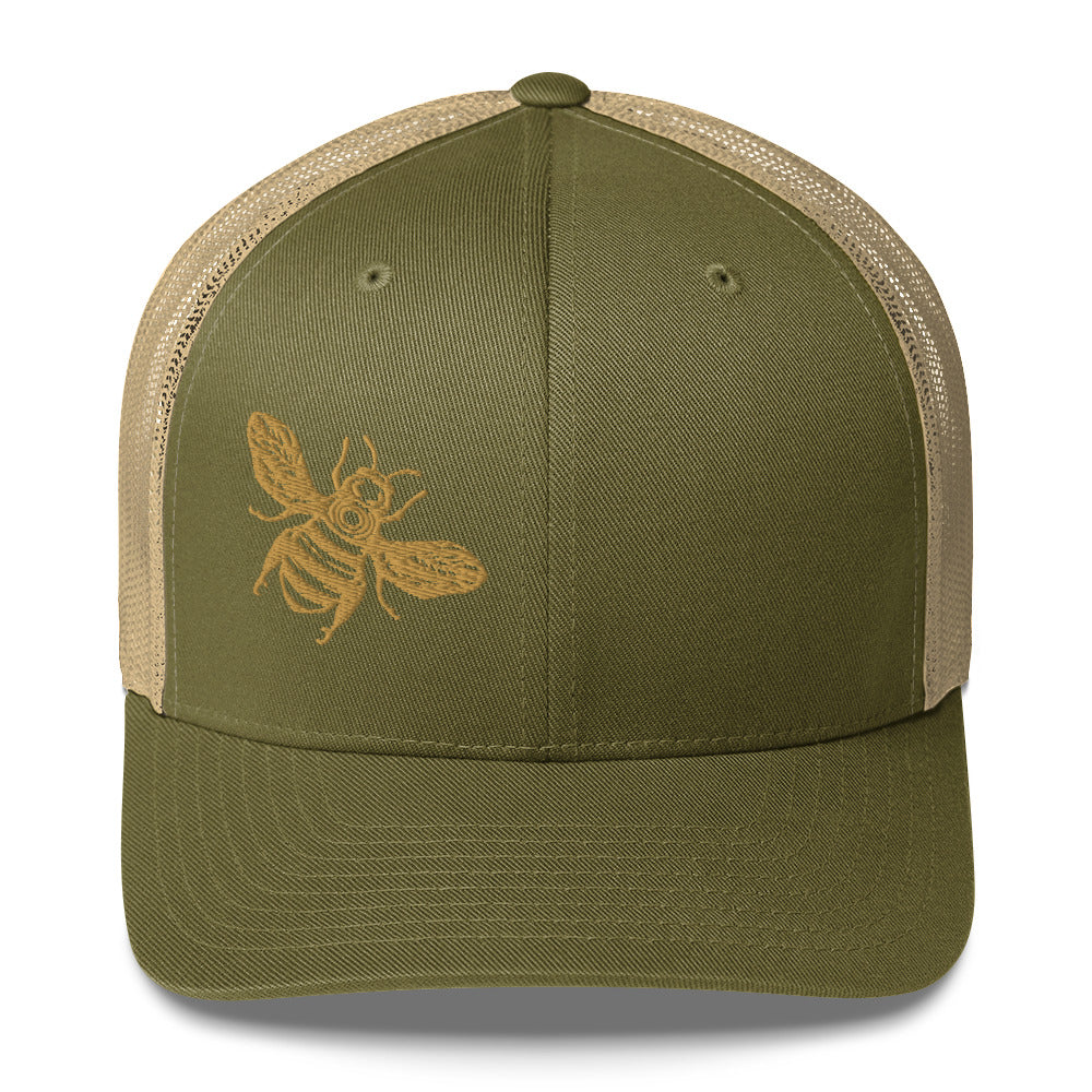 Old gold Honey Bee embroidered six-panel trucker cap with a mesh back. moss-khaki, Three In The Trees