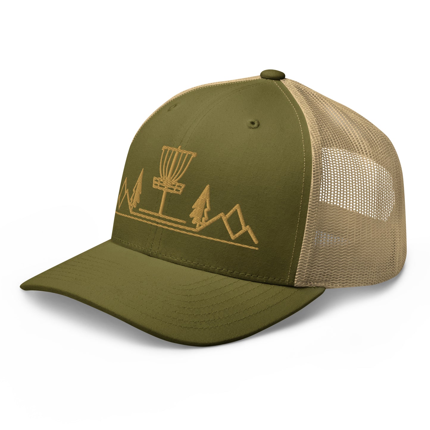 Disc Golf trucker hat, Three in the Trees, moss khaki, side