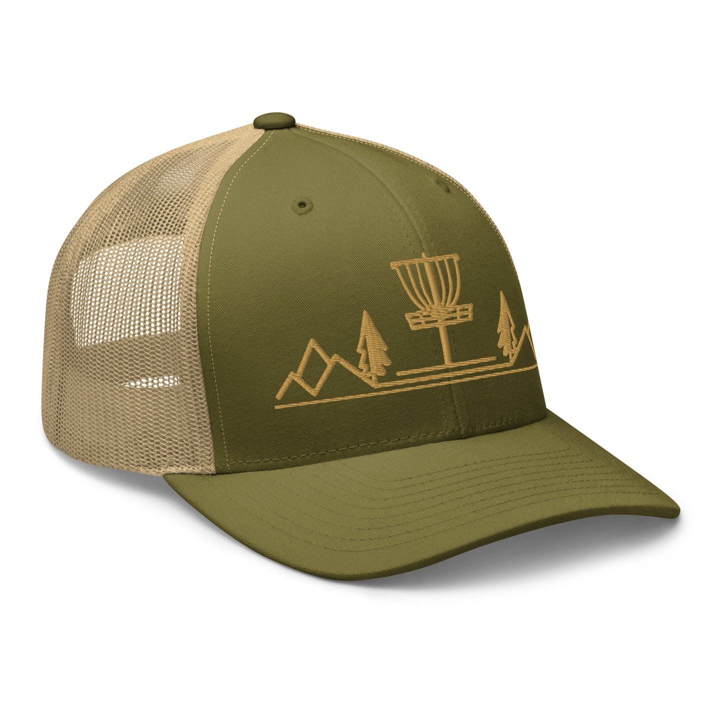 Disc Golf trucker hat, Three in the Trees, moss khaki, side