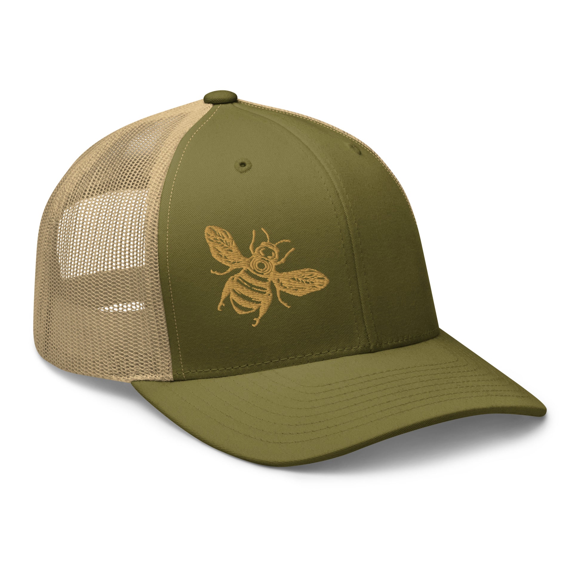 Old gold Honey Bee embroidered six-panel trucker cap with a mesh back. moss-khaki, Three In The Trees