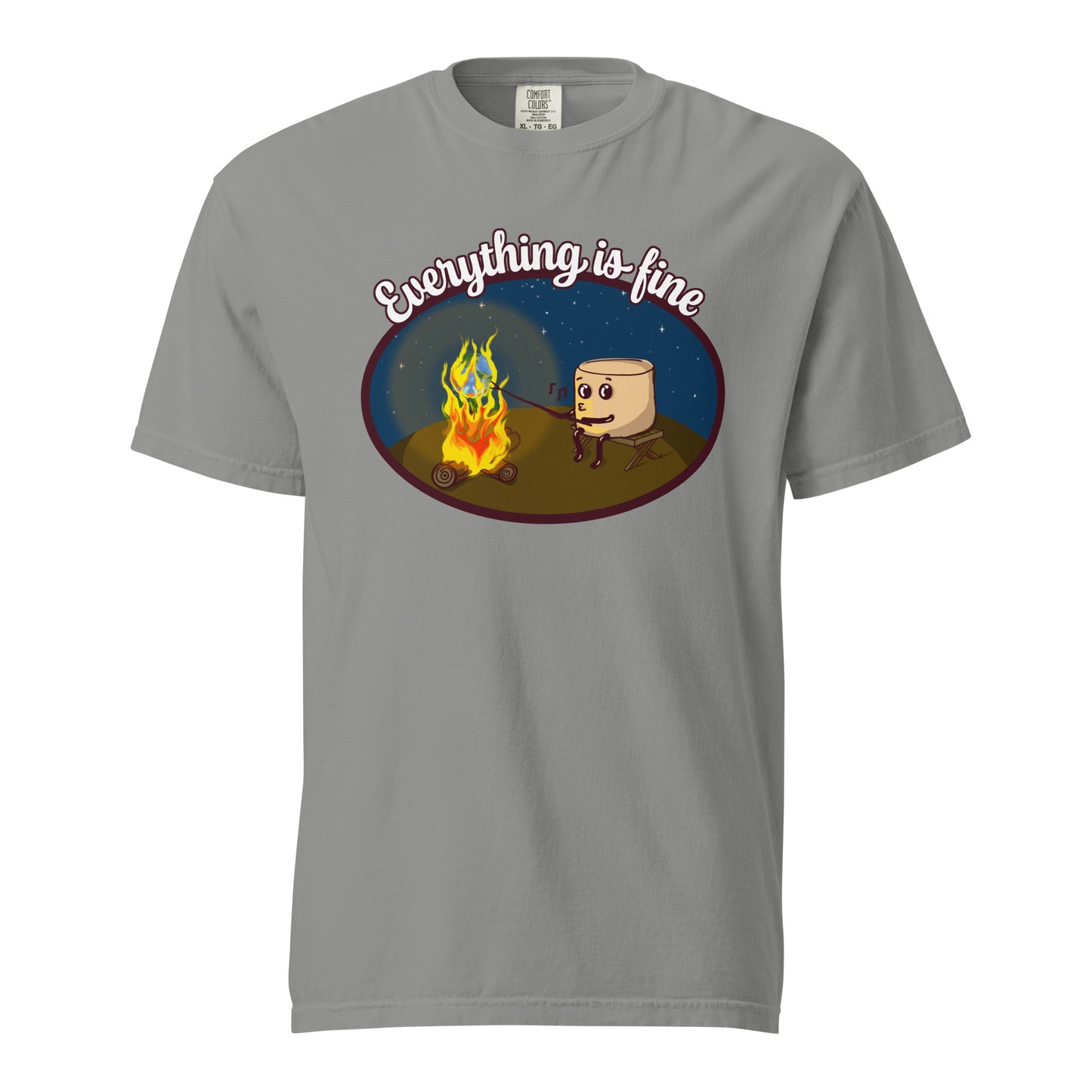 cooked unisex heavyweight t-shirt, three in the trees, grey, front