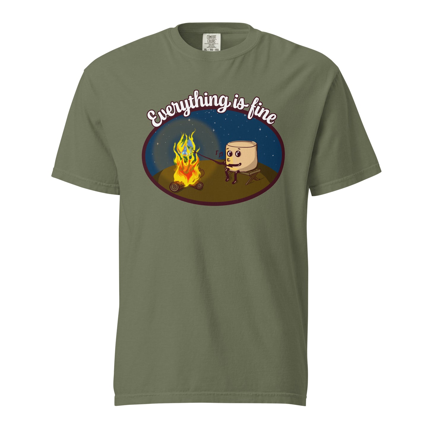 cooked unisex heavyweight t-shirt, three in the trees, moss, front