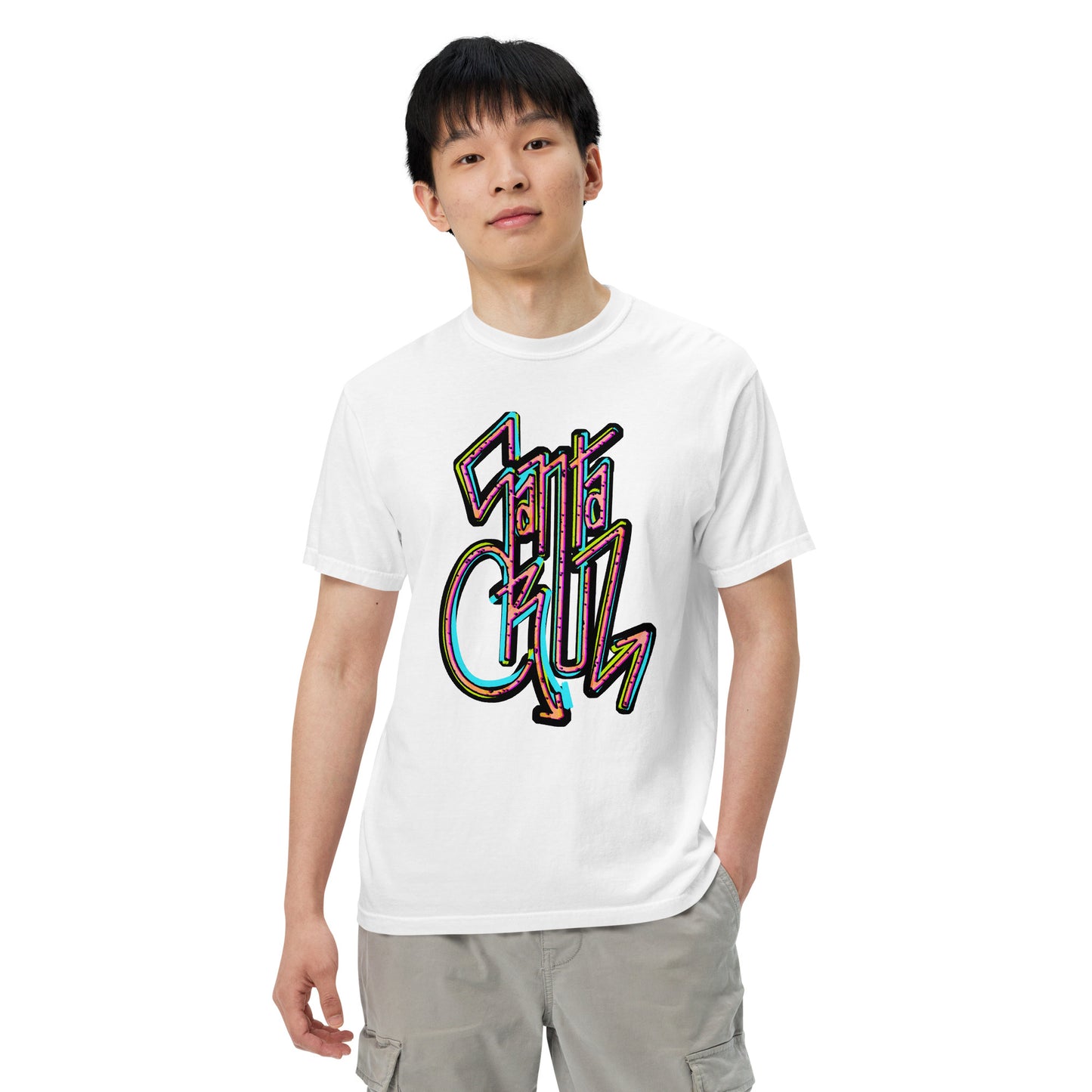 unisex garment dyed heavyweight t-shirt, Santa Cruz Graffiti, white, model