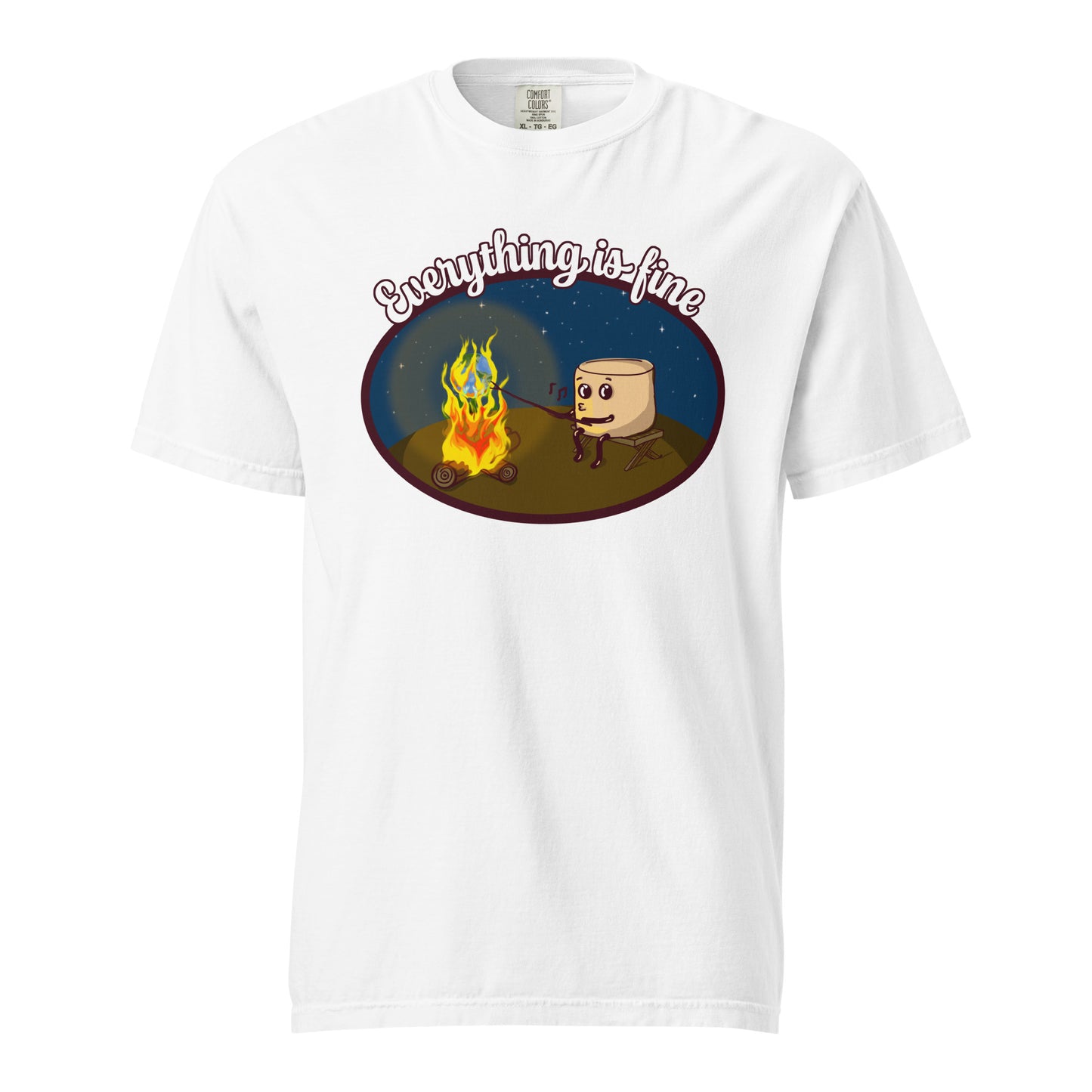cooked unisex heavyweight t-shirt, three in the trees, white, front