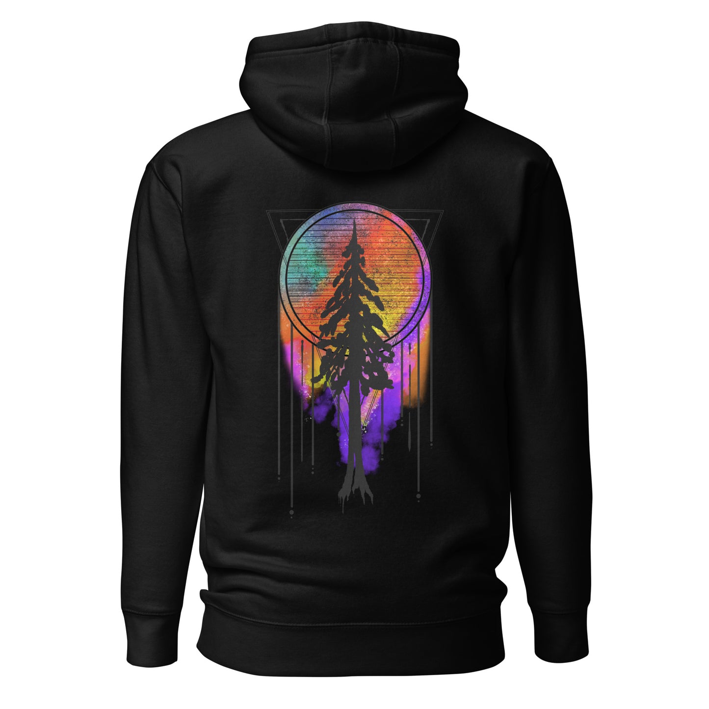 unisex premium hoodie, redwood silhouette with dream catcher tie dye background, black