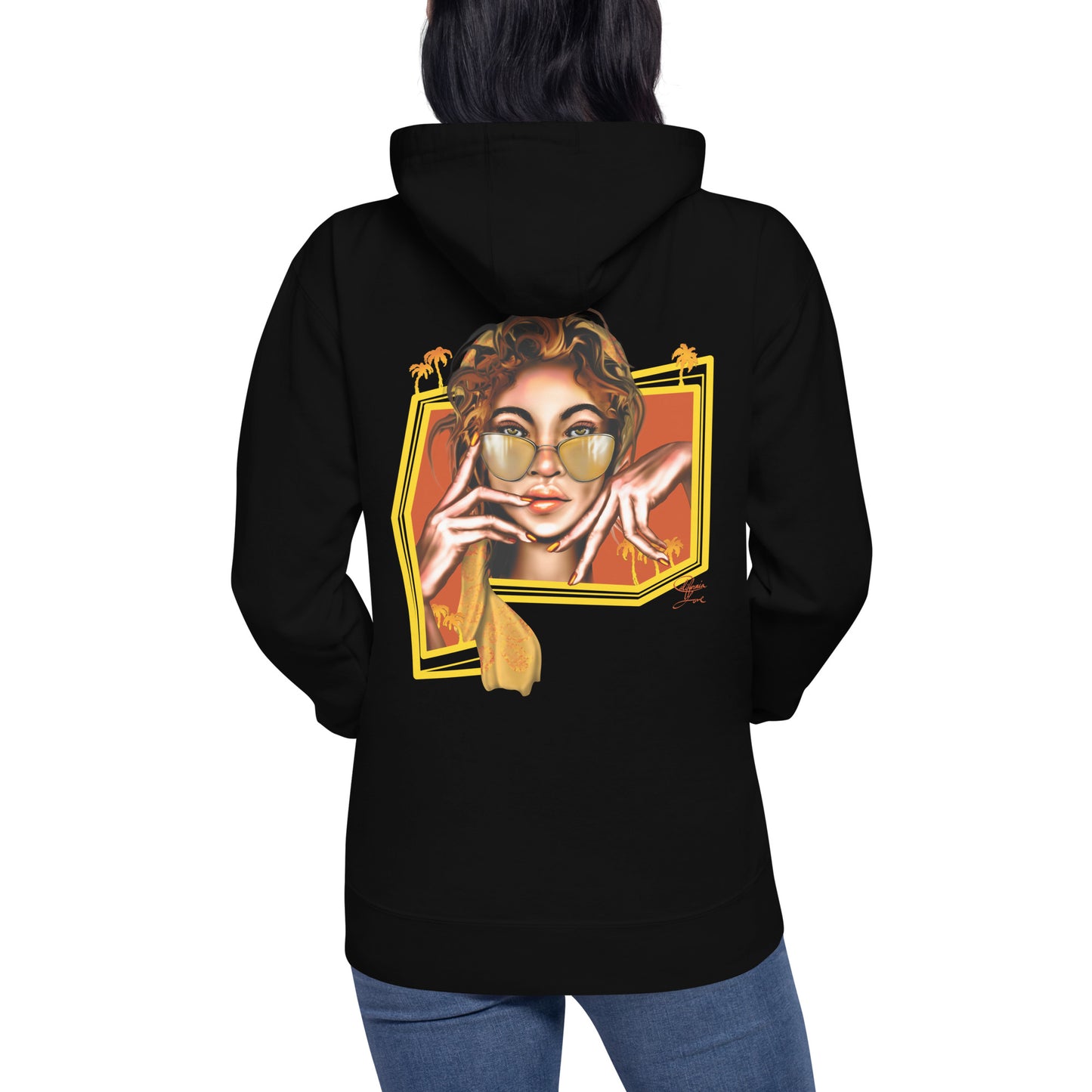 Unisex hoodie featuring Cali Love original artwork, by Three in the Trees. black back model