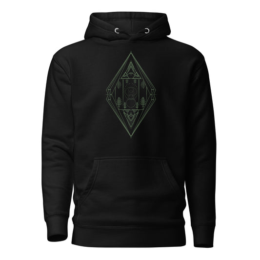 unisex hoodie black, green mountain and trees minimalist front design