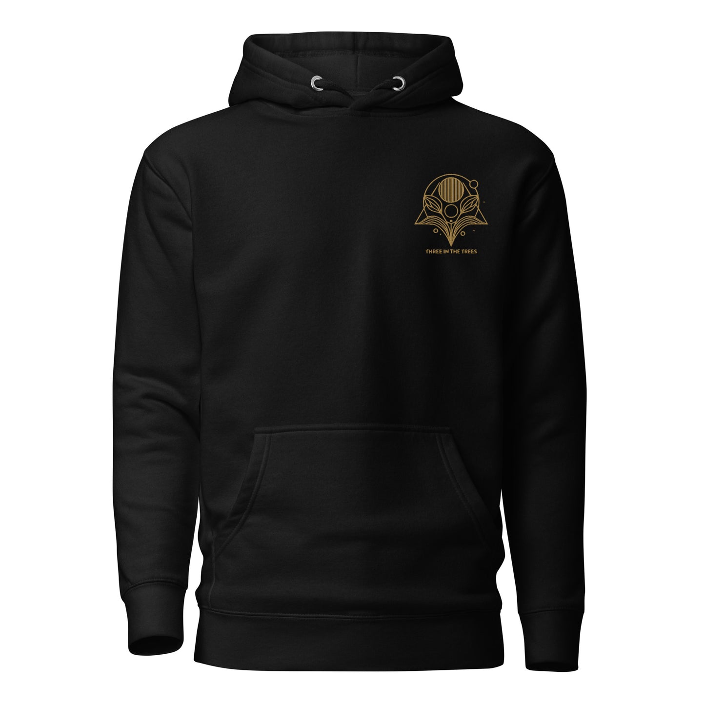 unisex premium hoodie, embroidered Three In The Trees. Black
