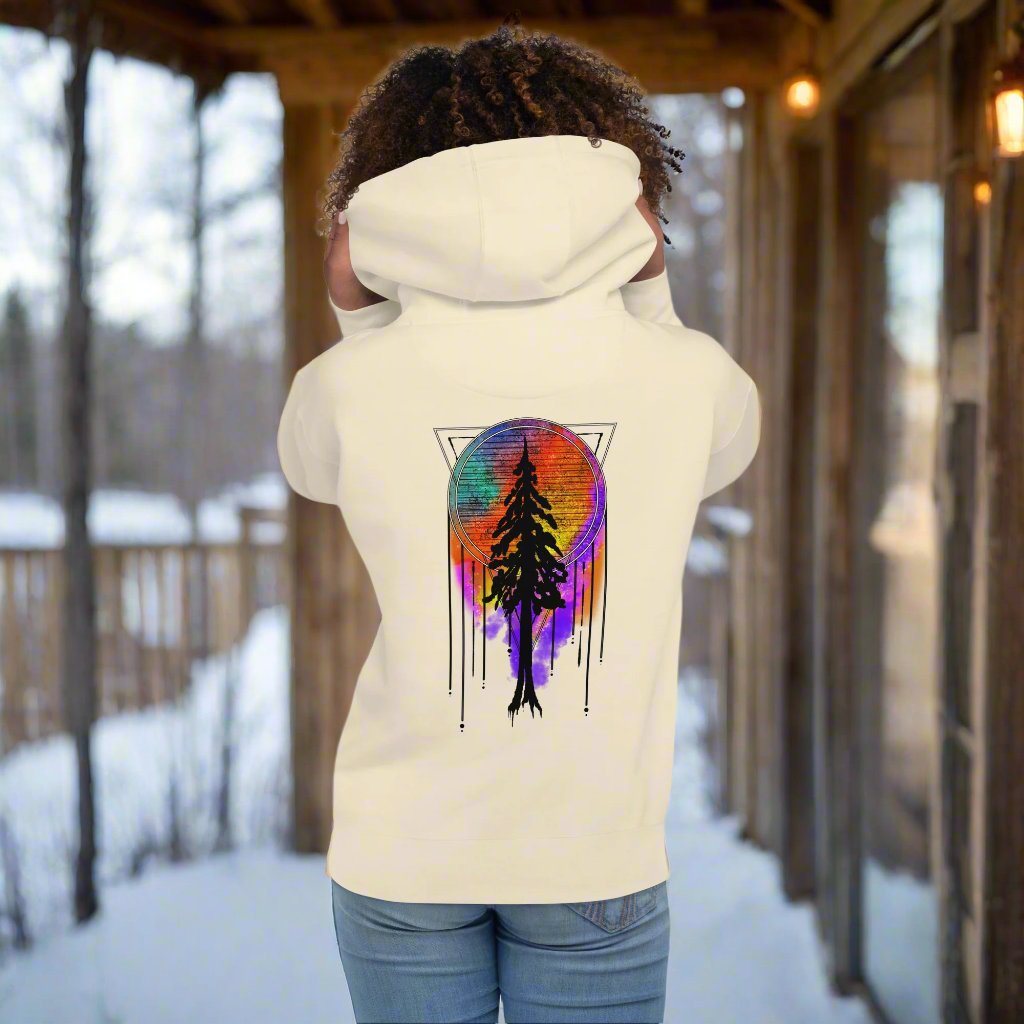 unisex premium hoodie, redwood silhouette with dream catcher tie dye background, model back