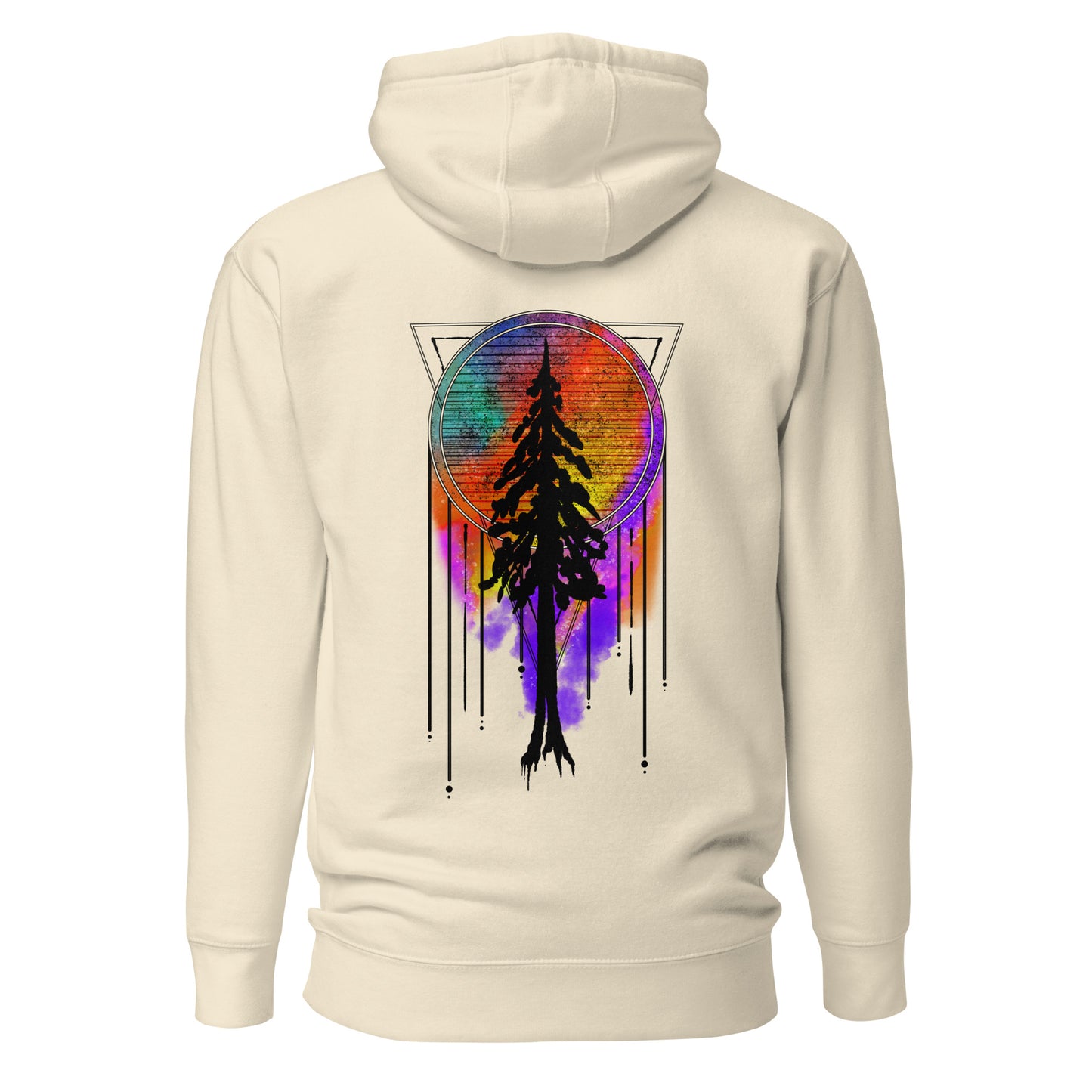 unisex premium hoodie, redwood silhouette with dream catcher tie dye background, bone