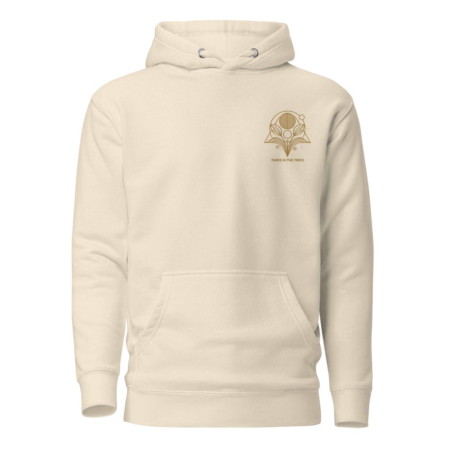 unisex embroidered premium hoodie. Three In The Trees logo design, bone