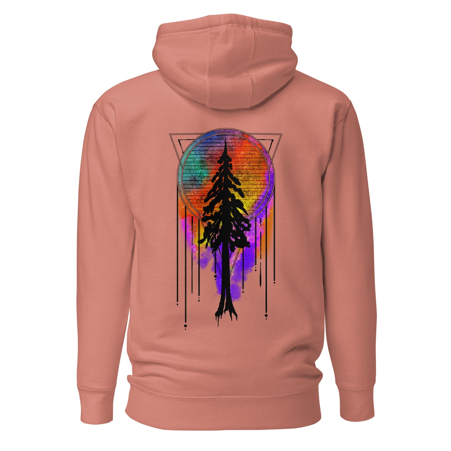 unisex premium hoodie, redwood silhouette with dream catcher tie dye background, dusty rose