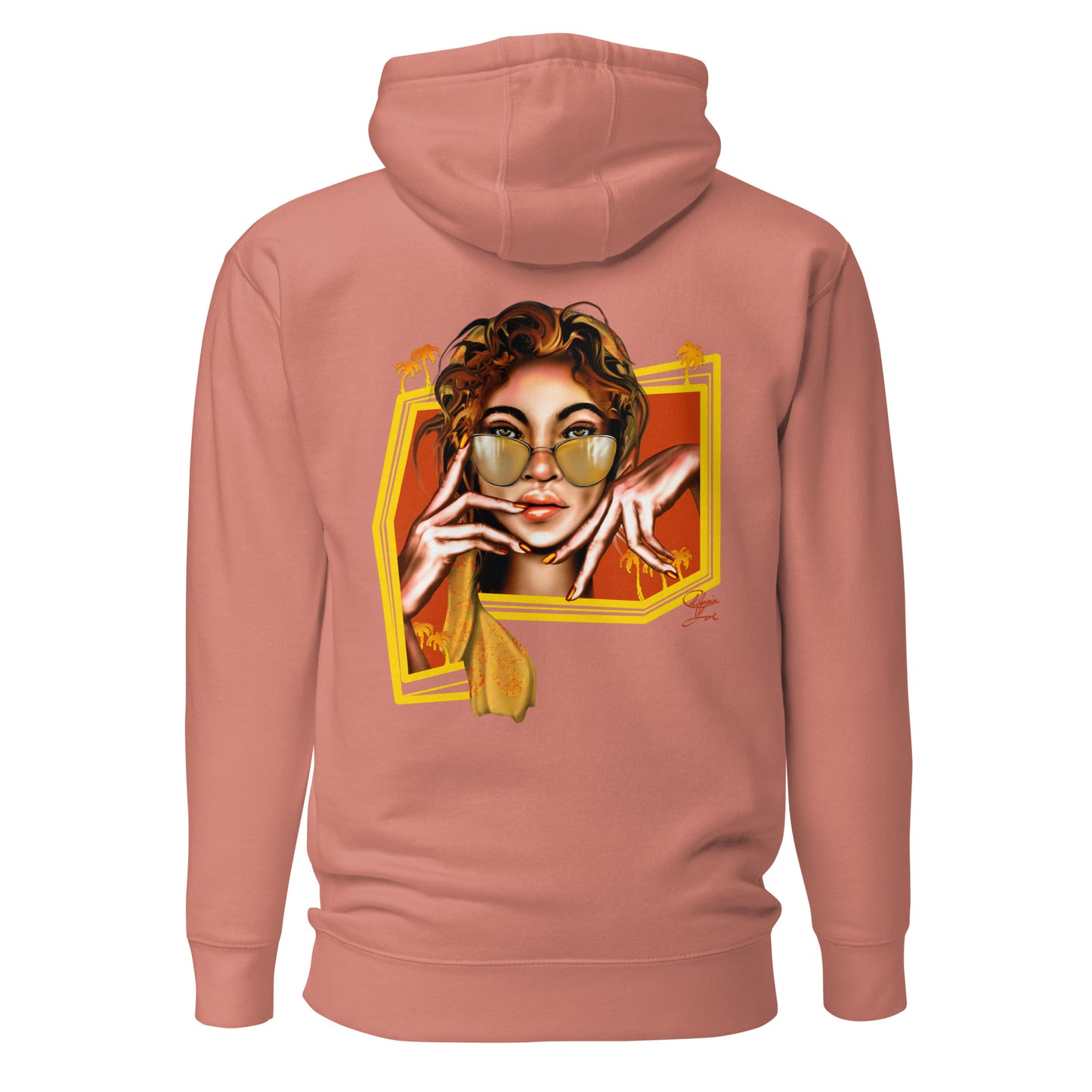 Unisex hoodie featuring Cali Love original artwork, by Three in the Trees. Dusty rose, back