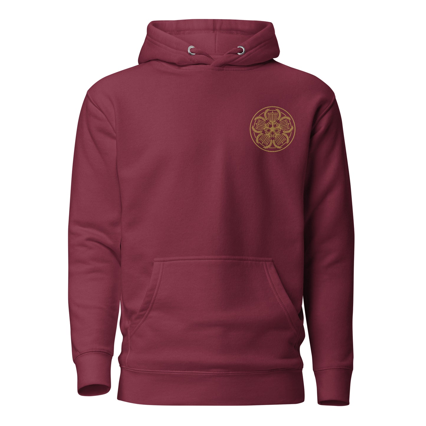 premium hoodie featuring the Varsity Disc embroidery by Three In The Trees, maroon