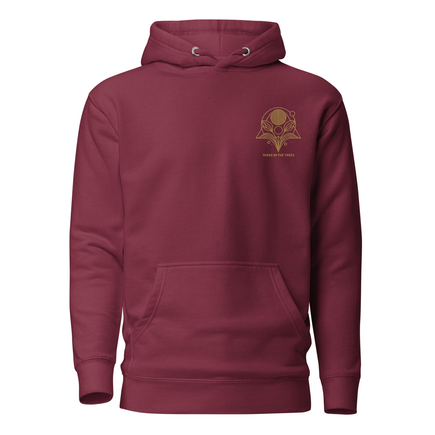 unisex premium hoodie, embroidered Three In The Trees. maroon