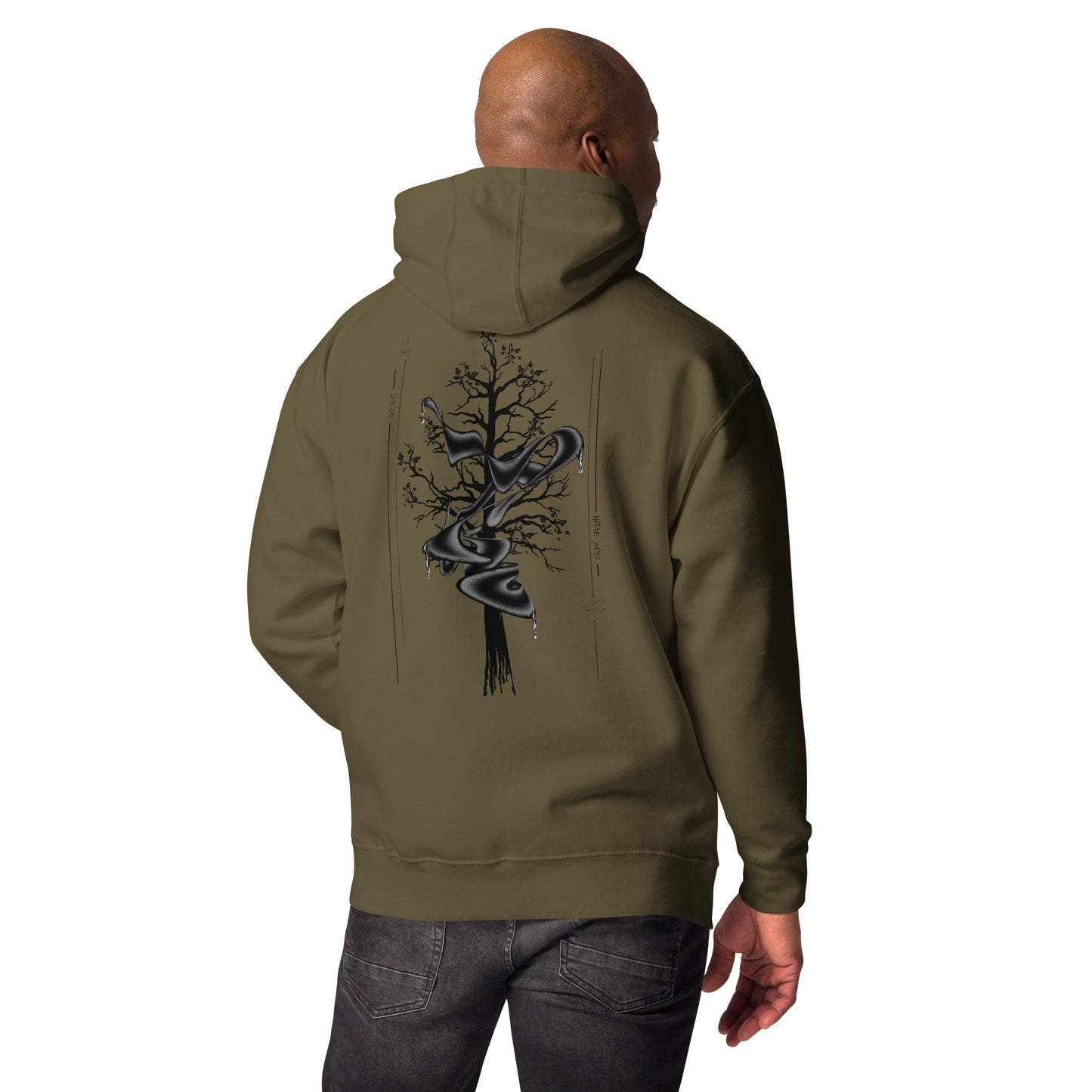 Unisex premiumAbyss unisex hoodie, olive. Back, model. Three in the Trees
