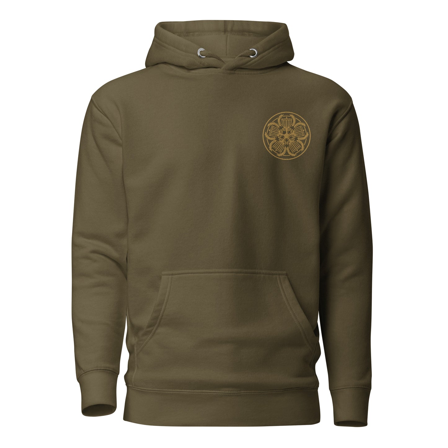 premium hoodie featuring the Varsity Disc embroidery by Three In The Trees, military green