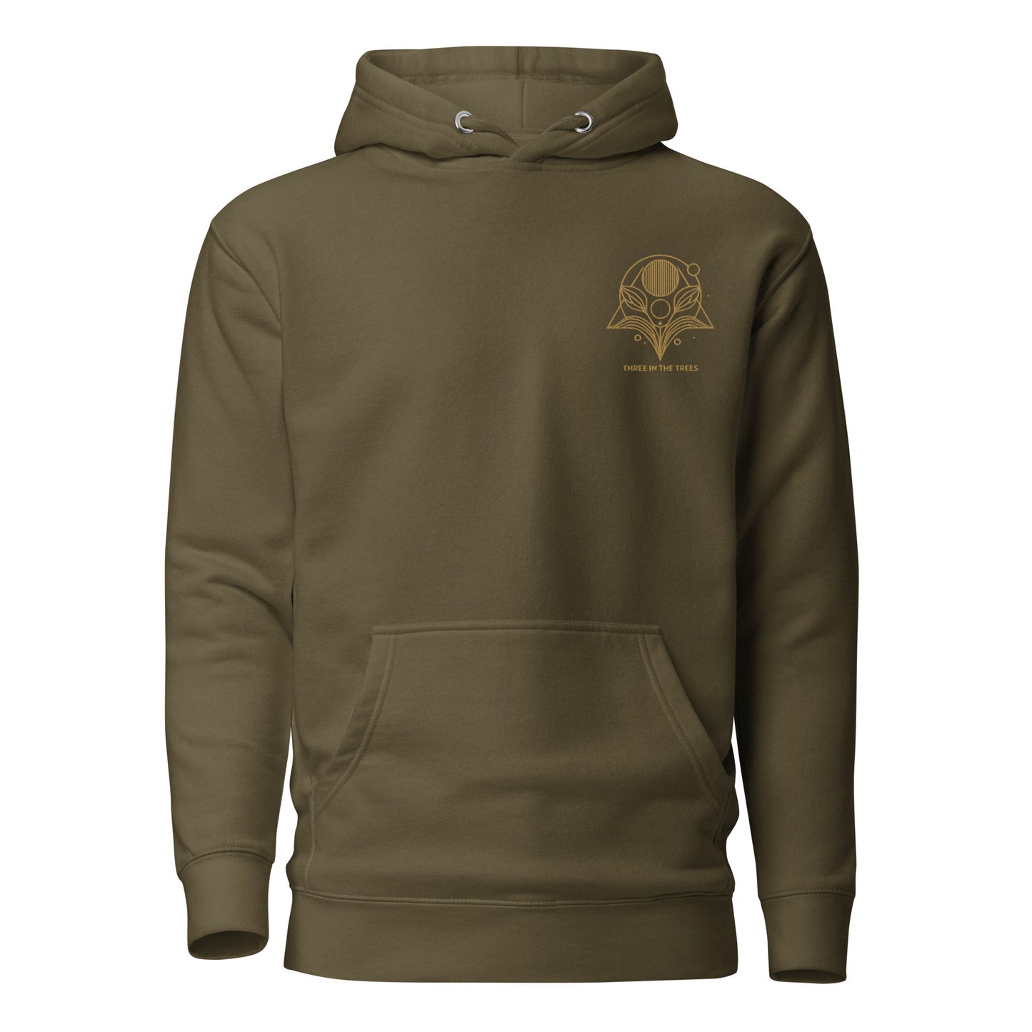 unisex embroidered premium hoodie. Three In The Trees logo design, military green