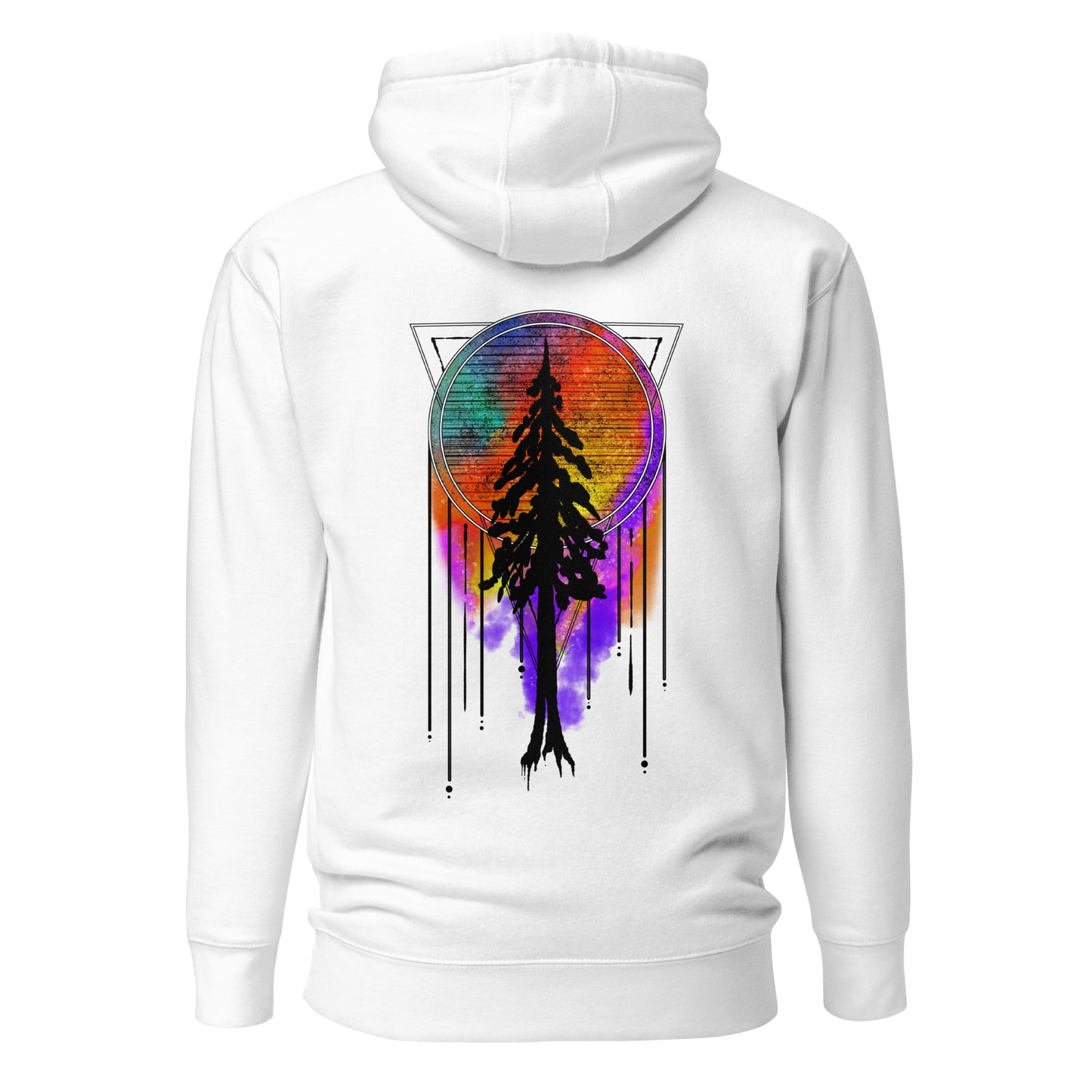 unisex premium hoodie, redwood silhouette with dream catcher tie dye background, white