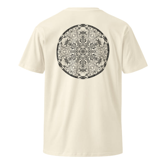 in charge mandala t-shirt, back, natural, three in the trees