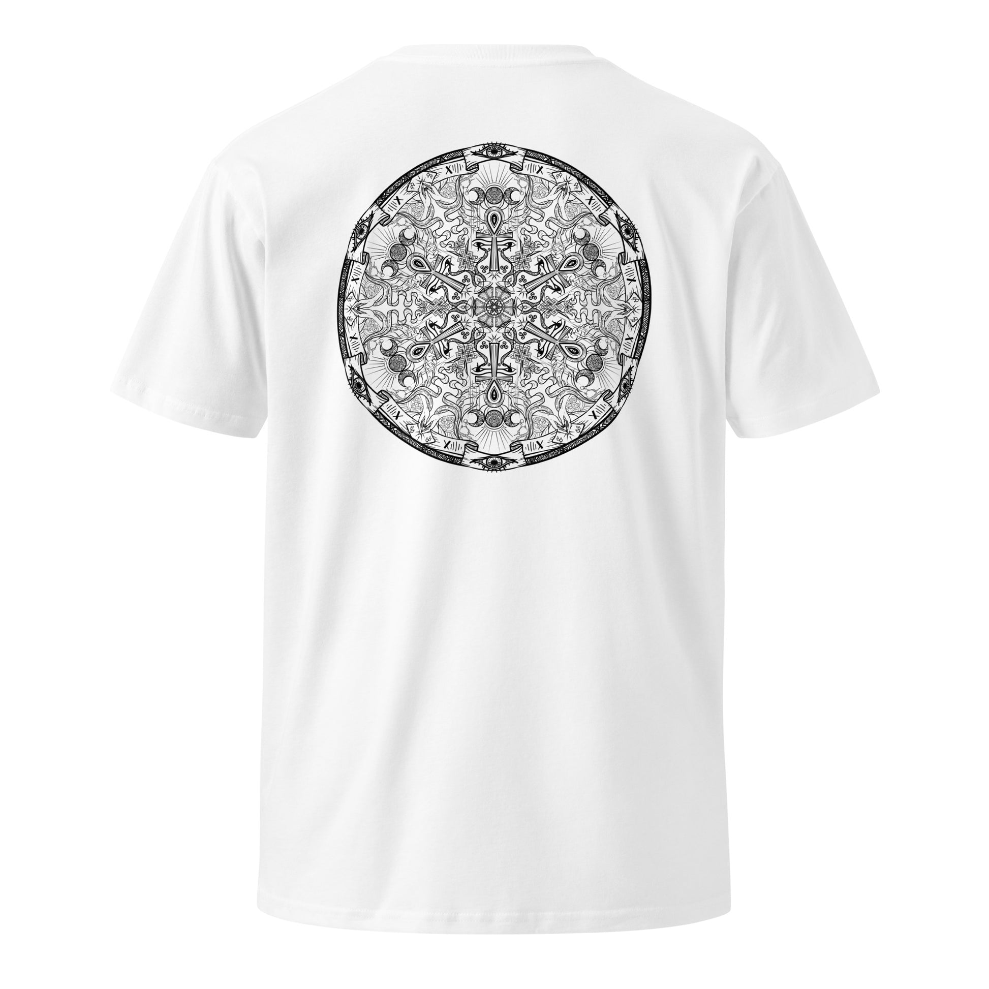 in charge mandala t-shirt, back, white, three in the trees