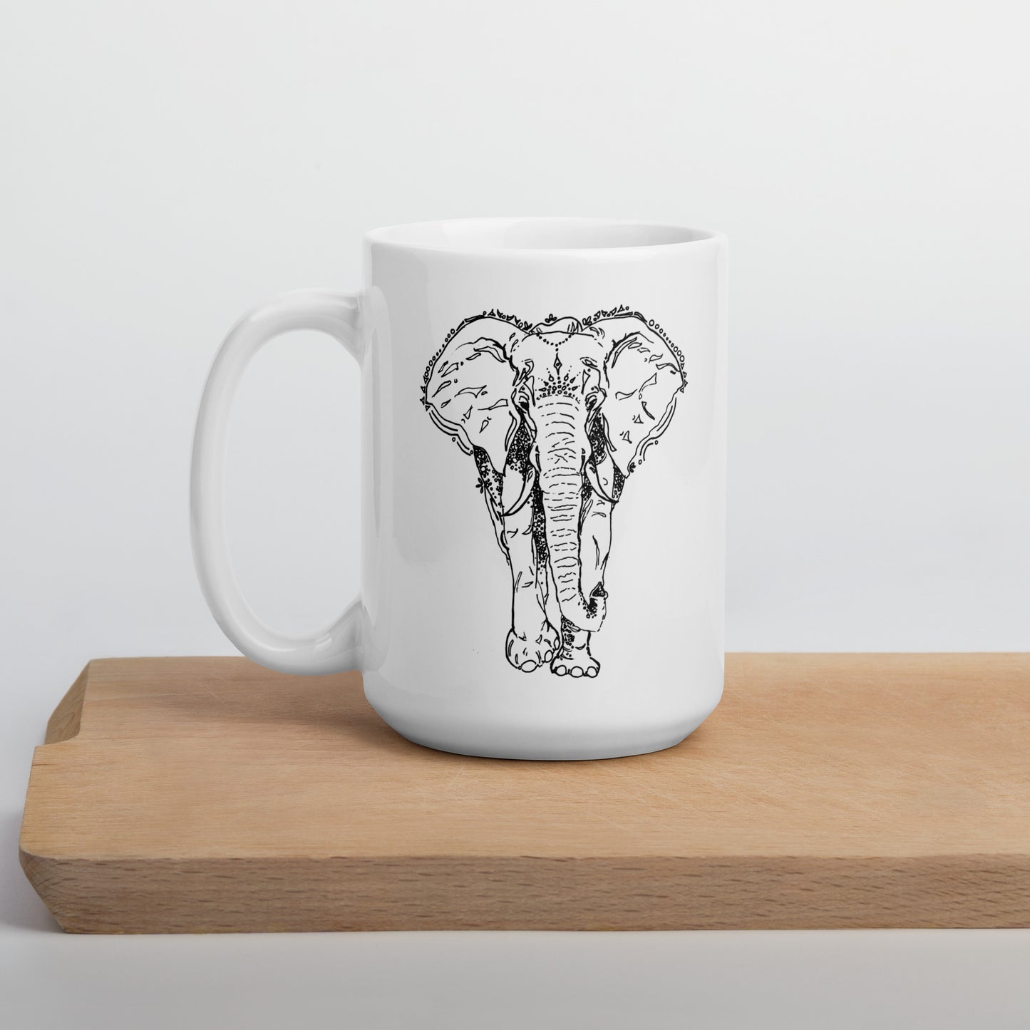 ceramic white glossy mug elephant ink print 15 oz.