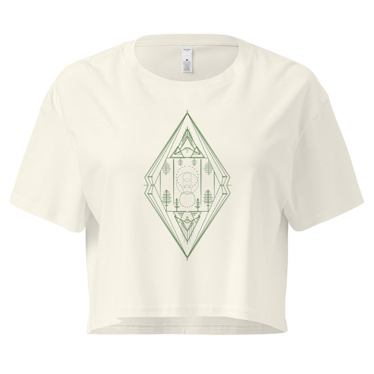 women's crop top, mountain and trees minimalist geometric design, natural