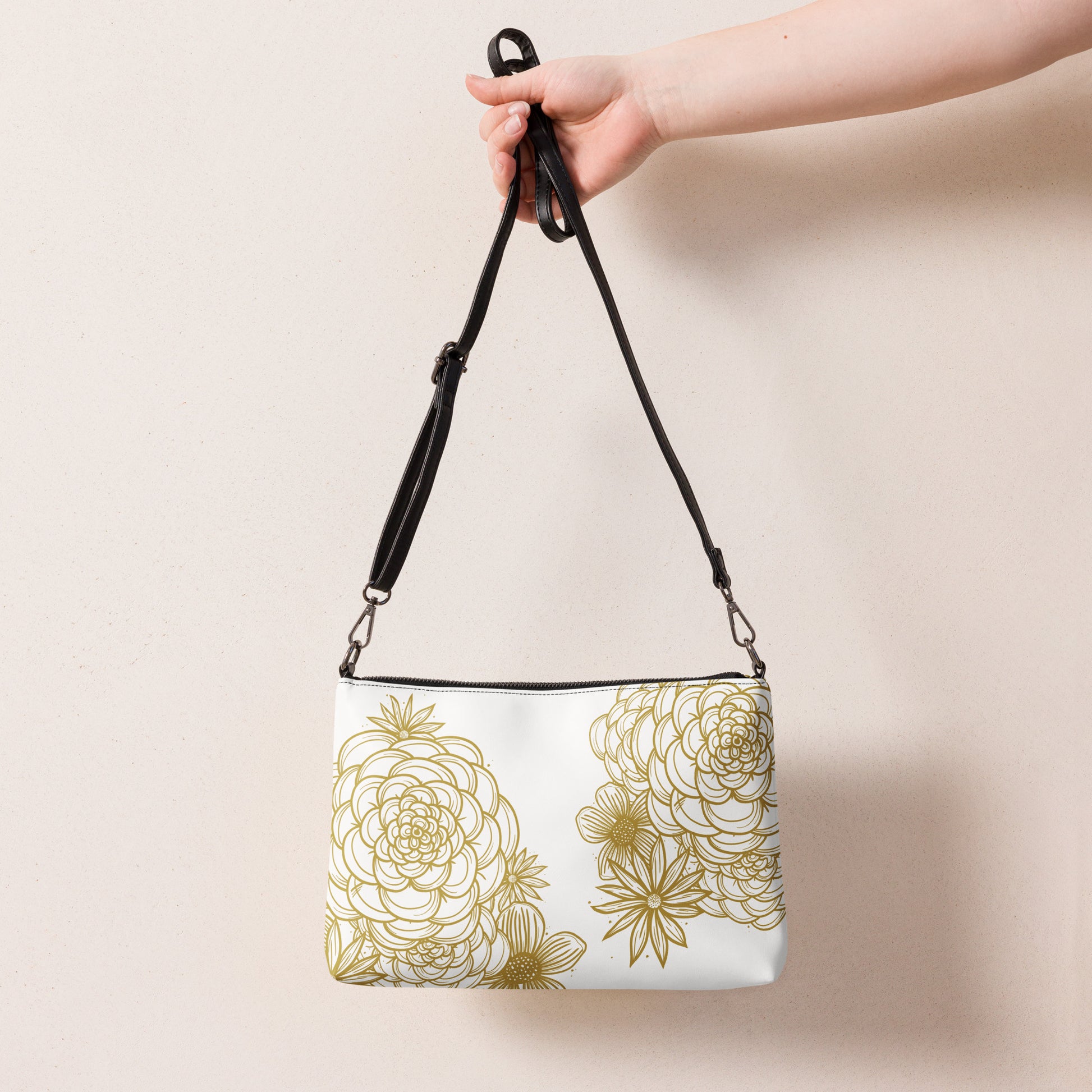 all over print crossbody bag, black strap, faux leather, white, gold tone digitally hand drawn floral print, back