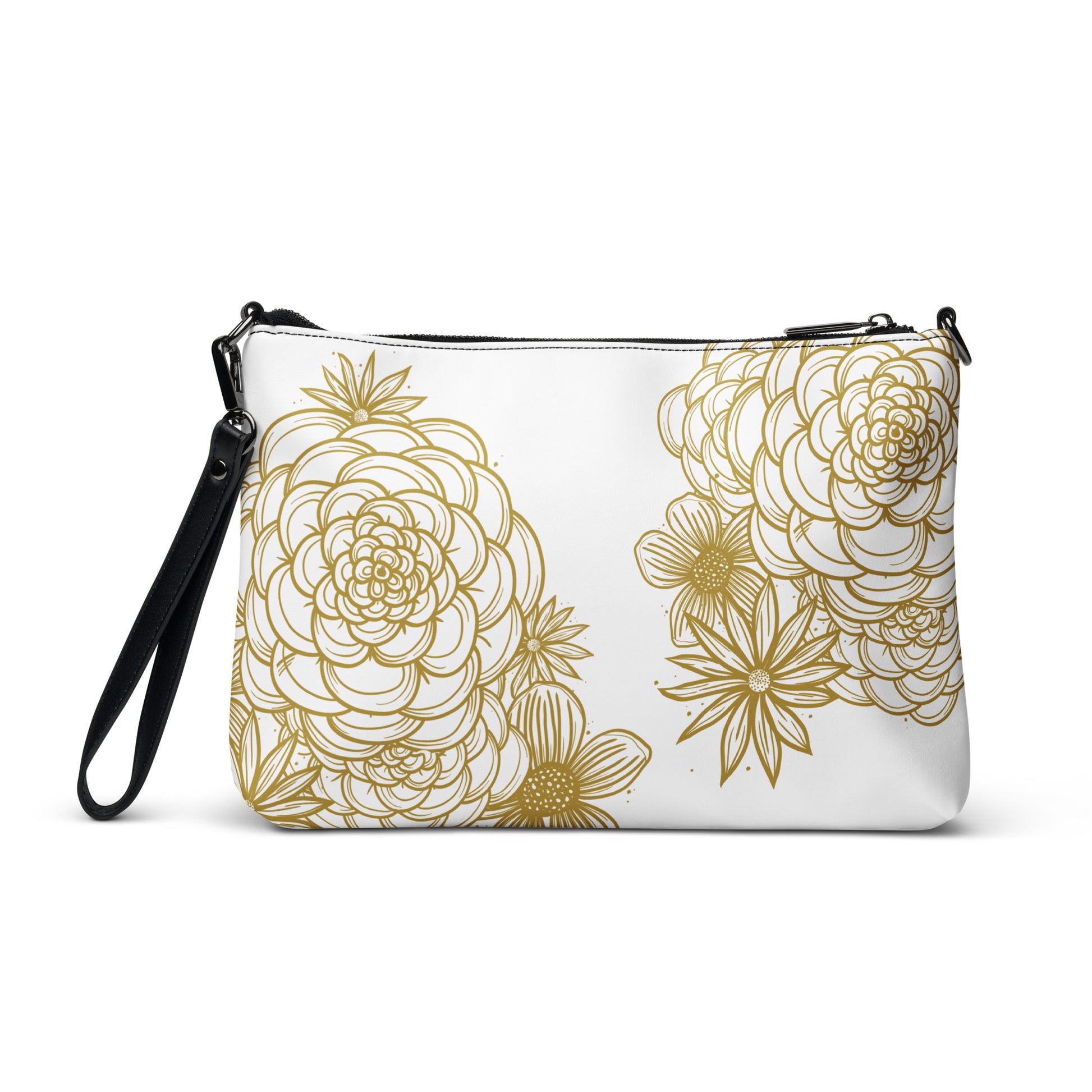 all over print crossbody bag, black strap, faux leather, white, gold tone digitally hand drawn floral print, back