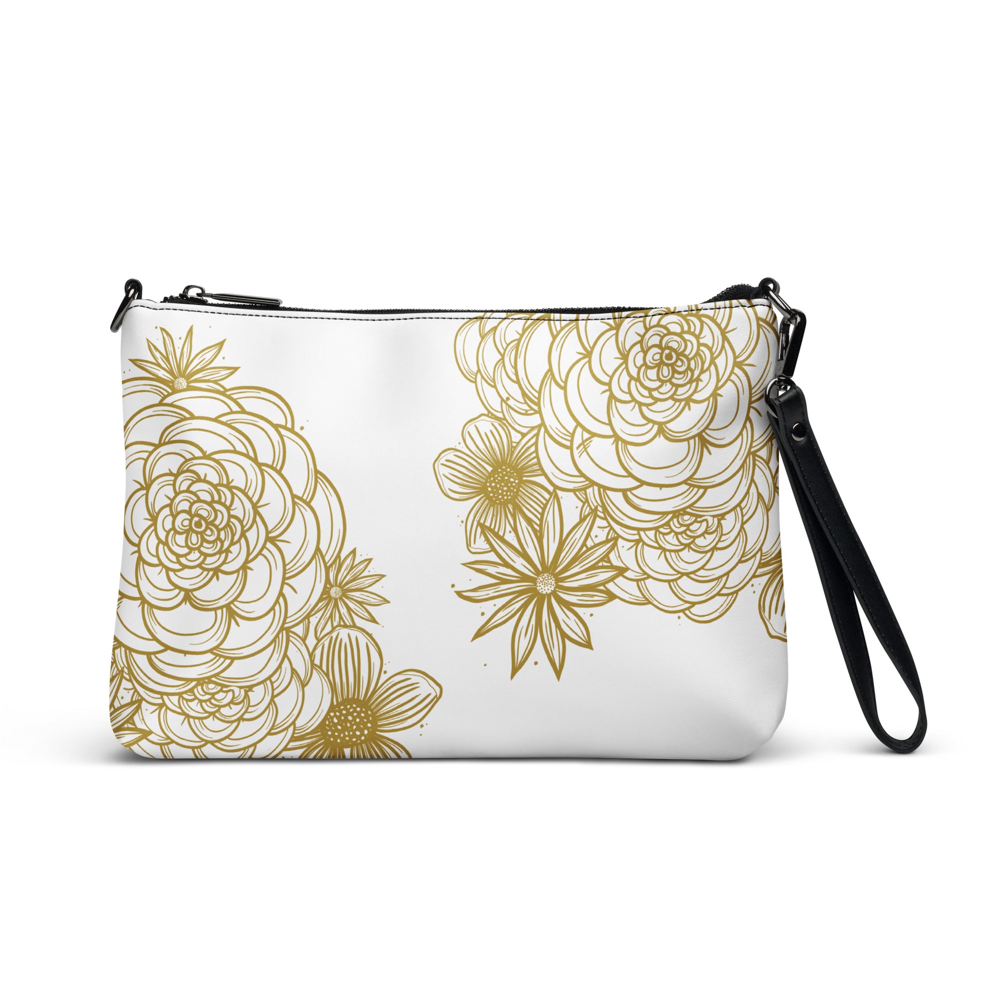 all over print crossbody bag, black strap, faux leather, white, gold tone digitally hand drawn floral print, front