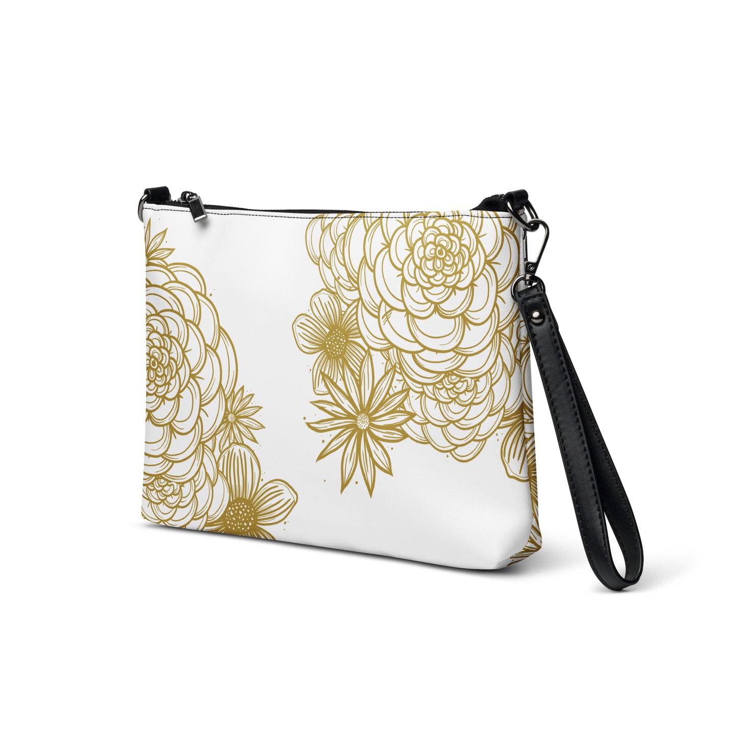 Product mockupall over print crossbody bag, black strap, faux leather, white, gold tone digitally hand drawn floral print, side