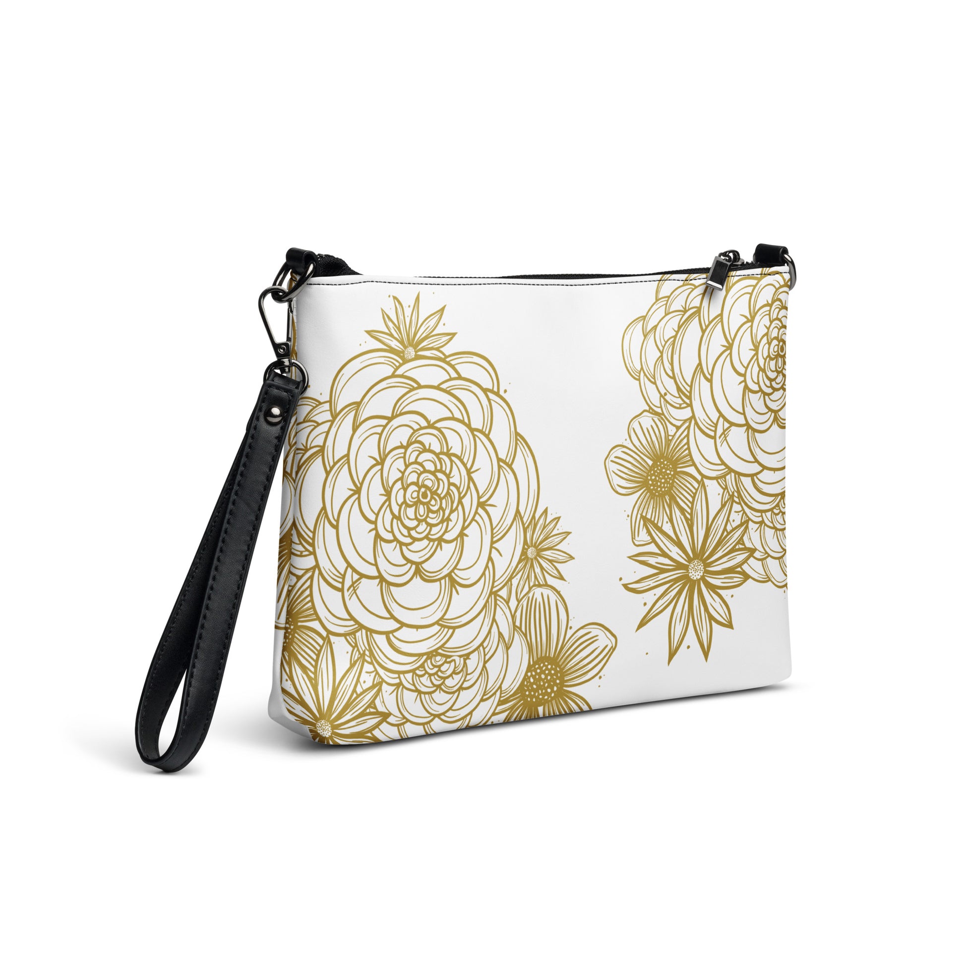 all over print crossbody bag, black strap, faux leather, white, gold tone digitally hand drawn floral print, side