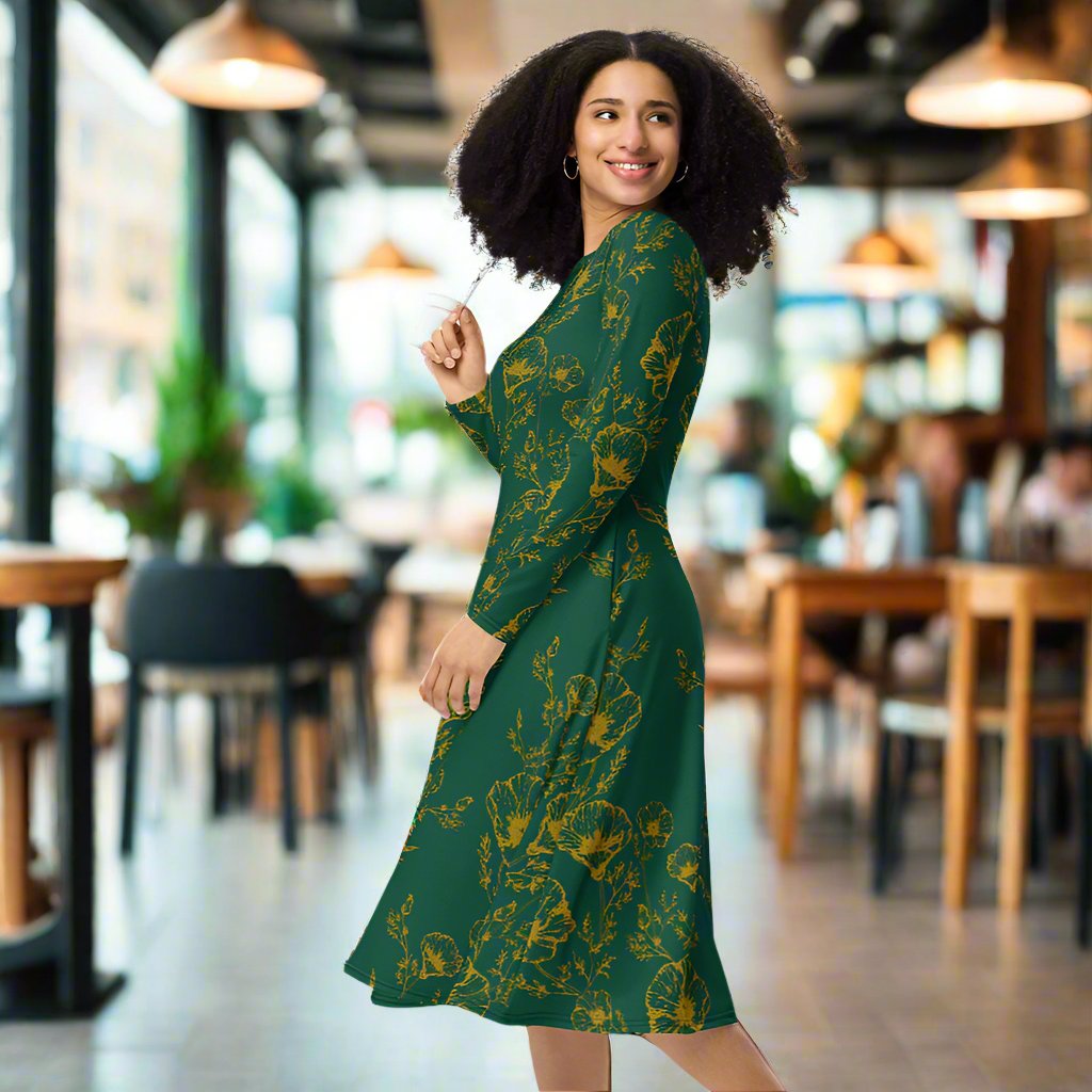 Long sleeve green poppy print midi dress