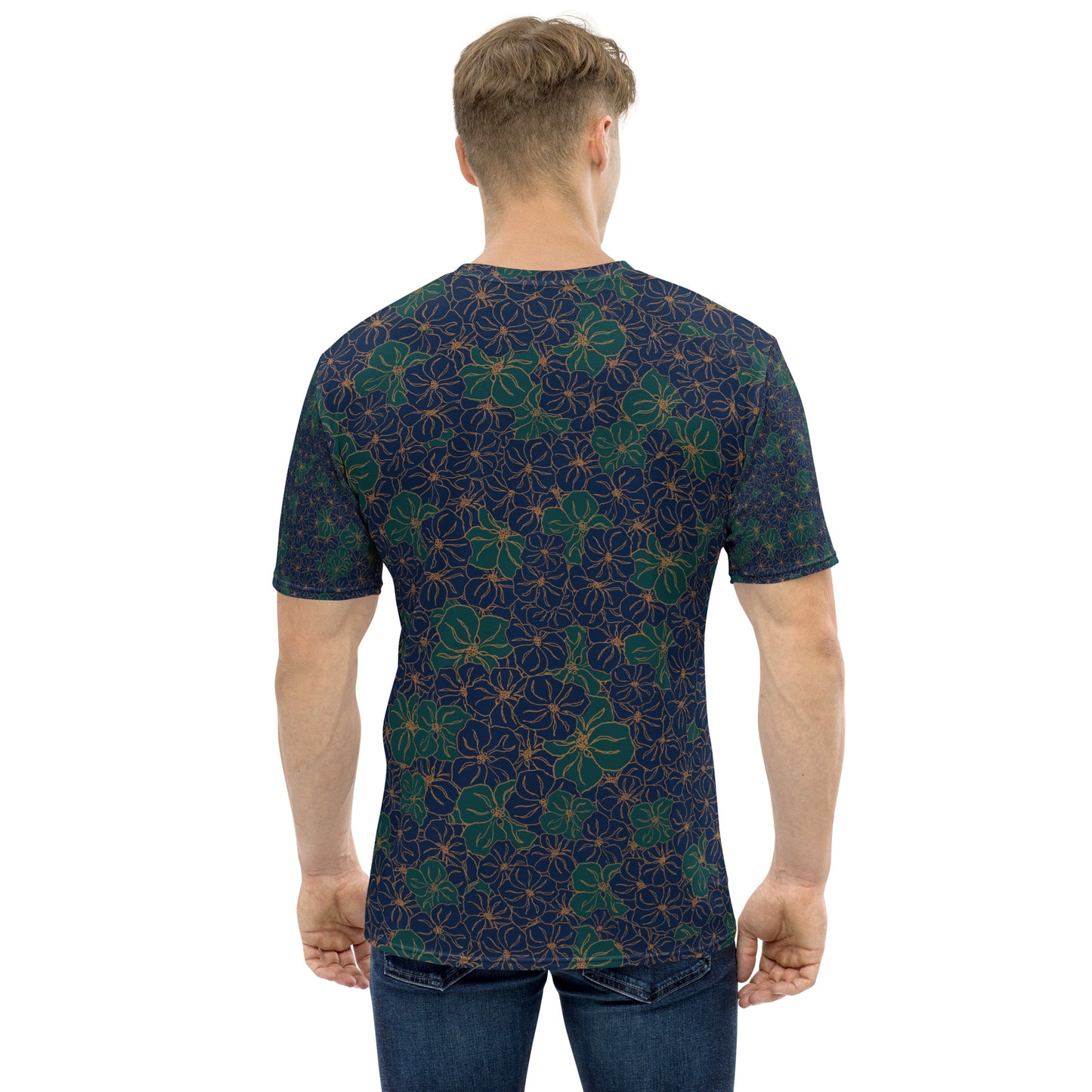 all over print mens crew neck t-shirt, blue and green floral pattern, back