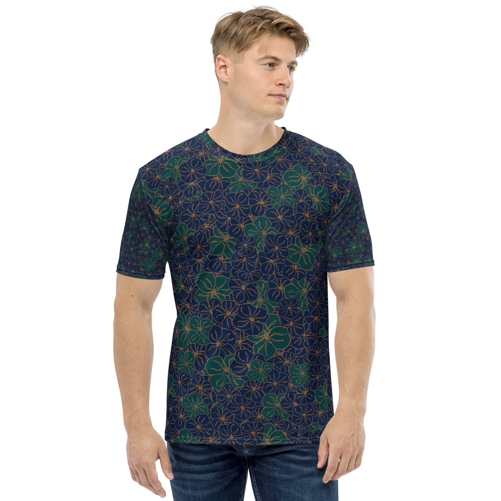 all over print mens crew neck t-shirt, blue and green floral pattern