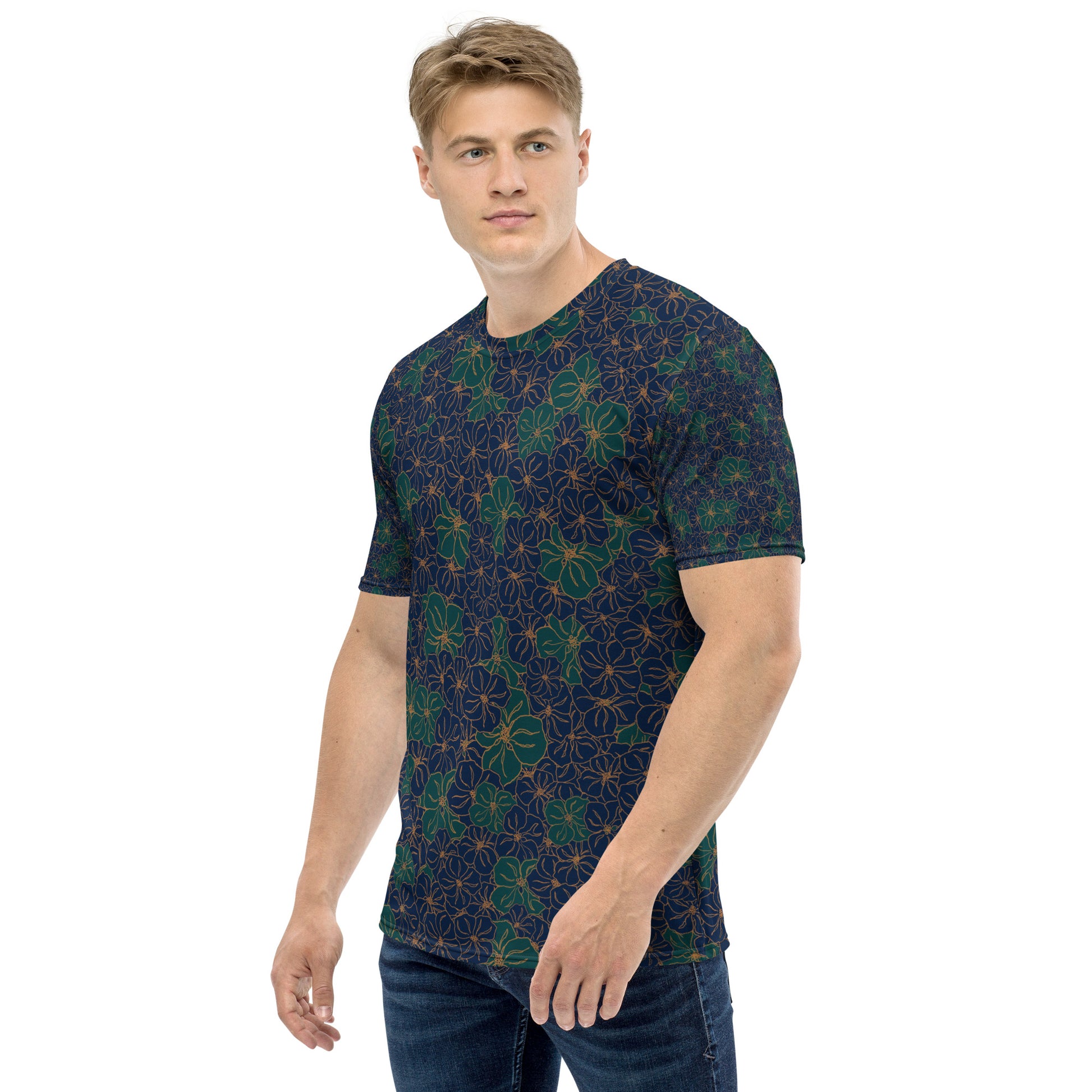 all over print mens crew neck t-shirt, blue and green floral pattern