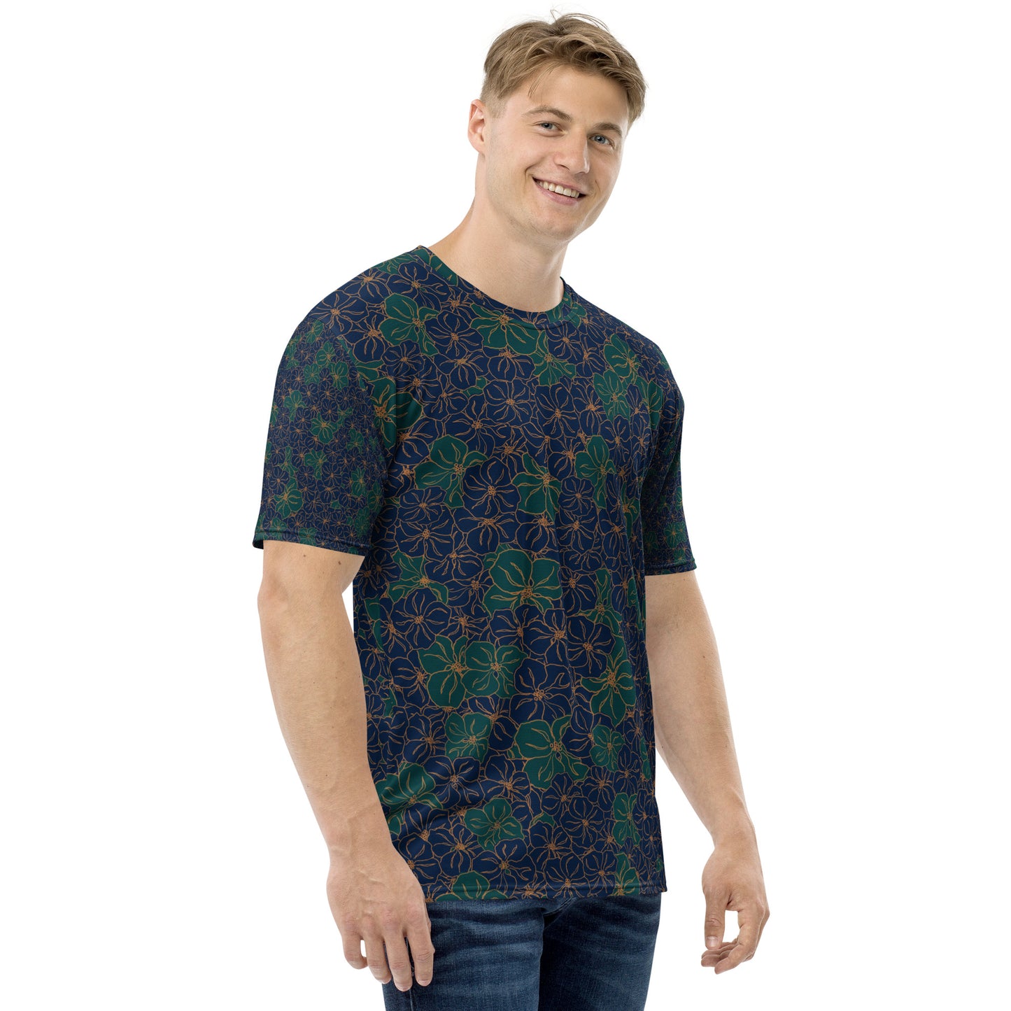 all over print mens crew neck t-shirt, blue and green floral pattern, model