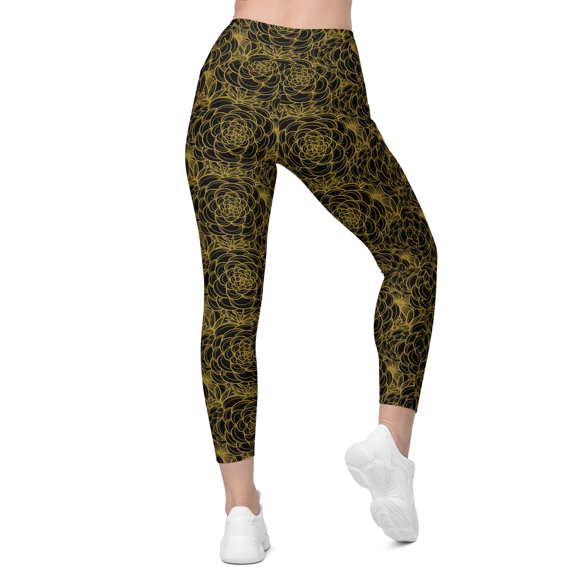 all over floral print crossover athletic leggings with pocket