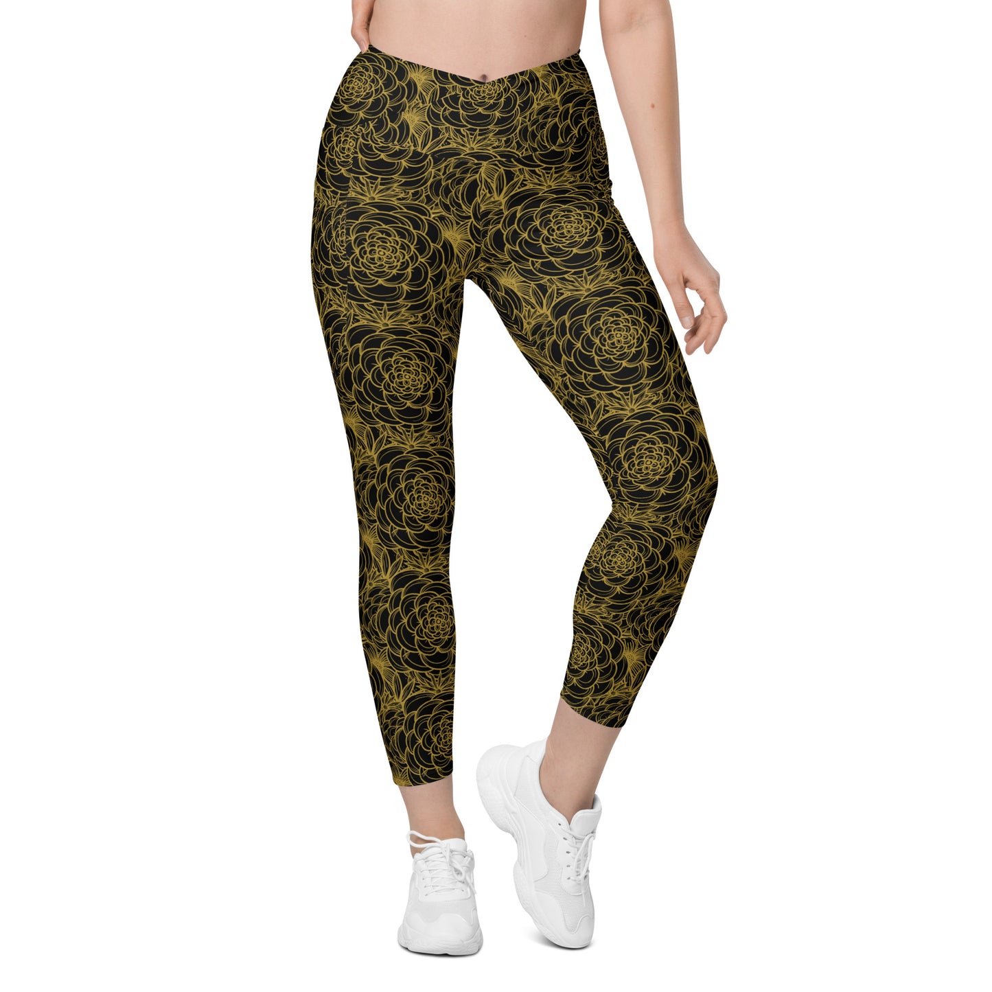 all over floral print crossover athletic leggings with pocket