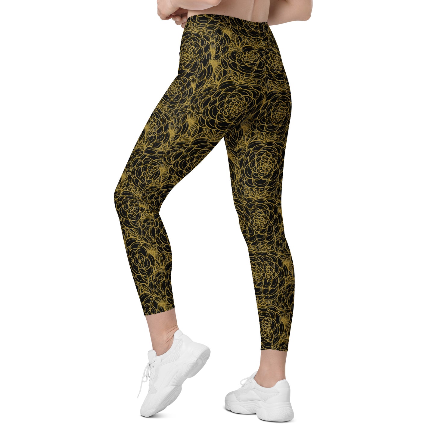 all over floral print crossover athletic leggings with pocket